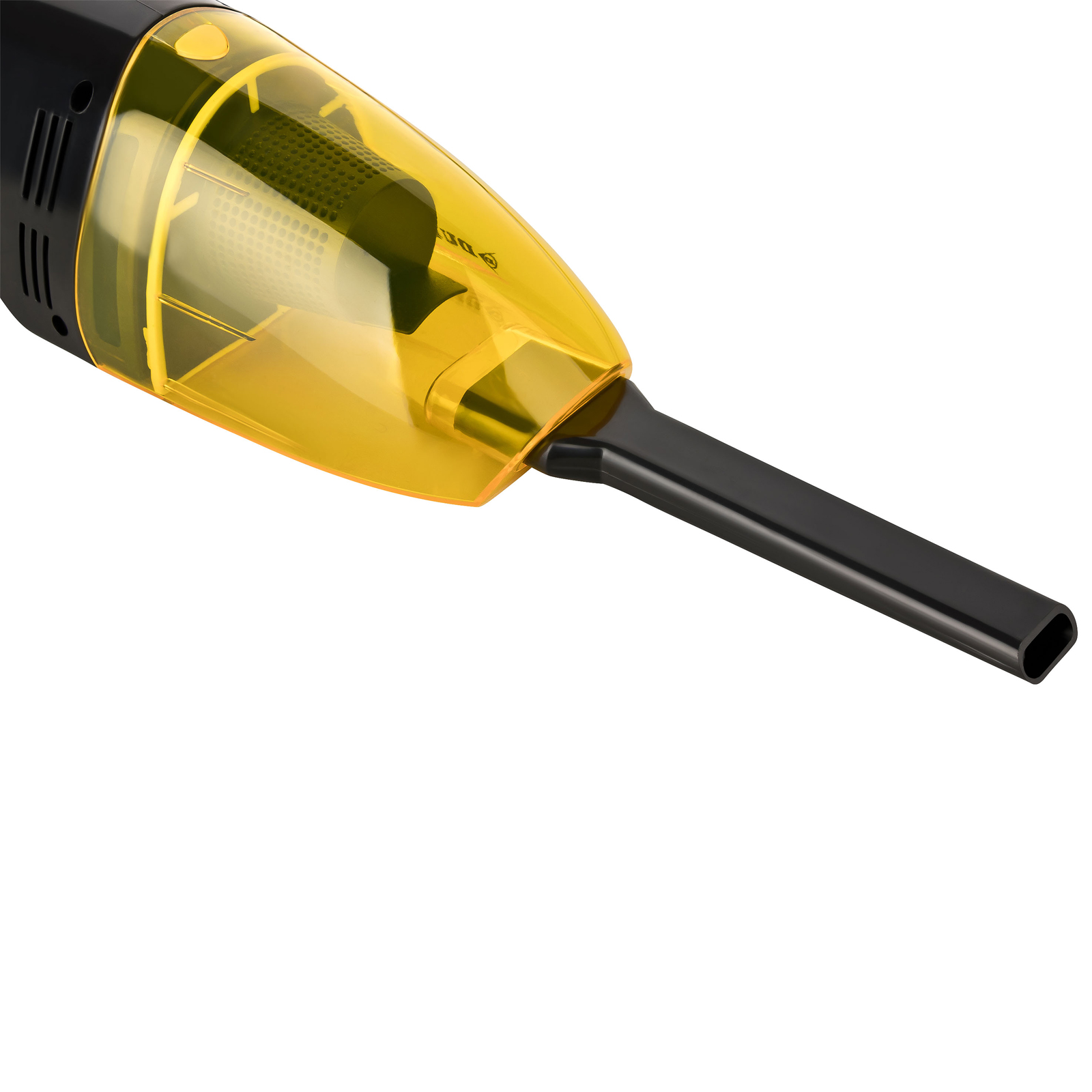 Aspirateur à main avec buse jaune. Poignée noire.