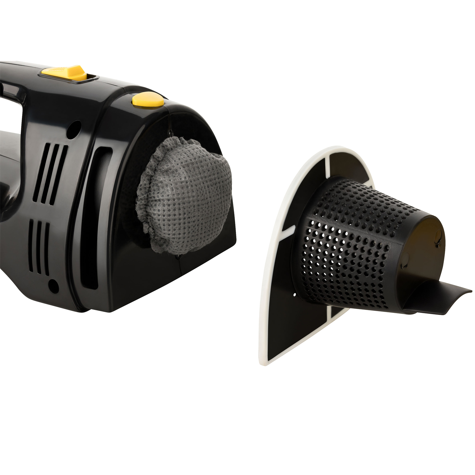 Un aspirateur noir avec un filtre détaché et un filtre séparé.