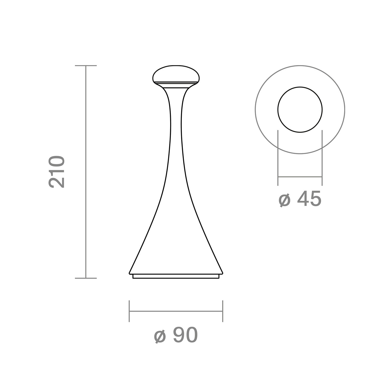 Strichzeichnung einer hohen Lampe mit ausgestelltem Fuß und abgerundeter Oberseite, mit Maßen.