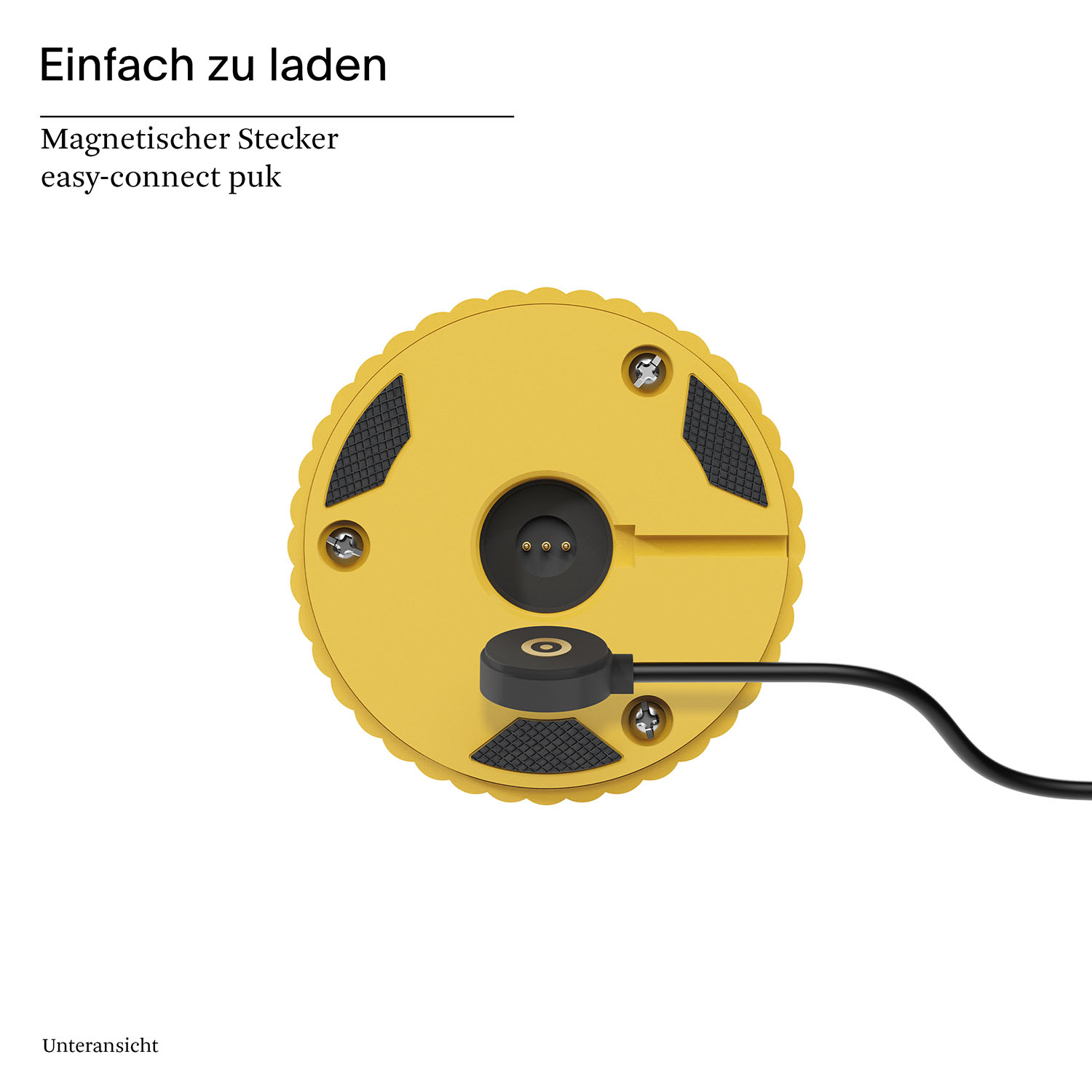 Eine gelbe Ladestation mit einem schwarzen kreisförmigen Ladeanschluss, mit einem schwarzen Kabel.