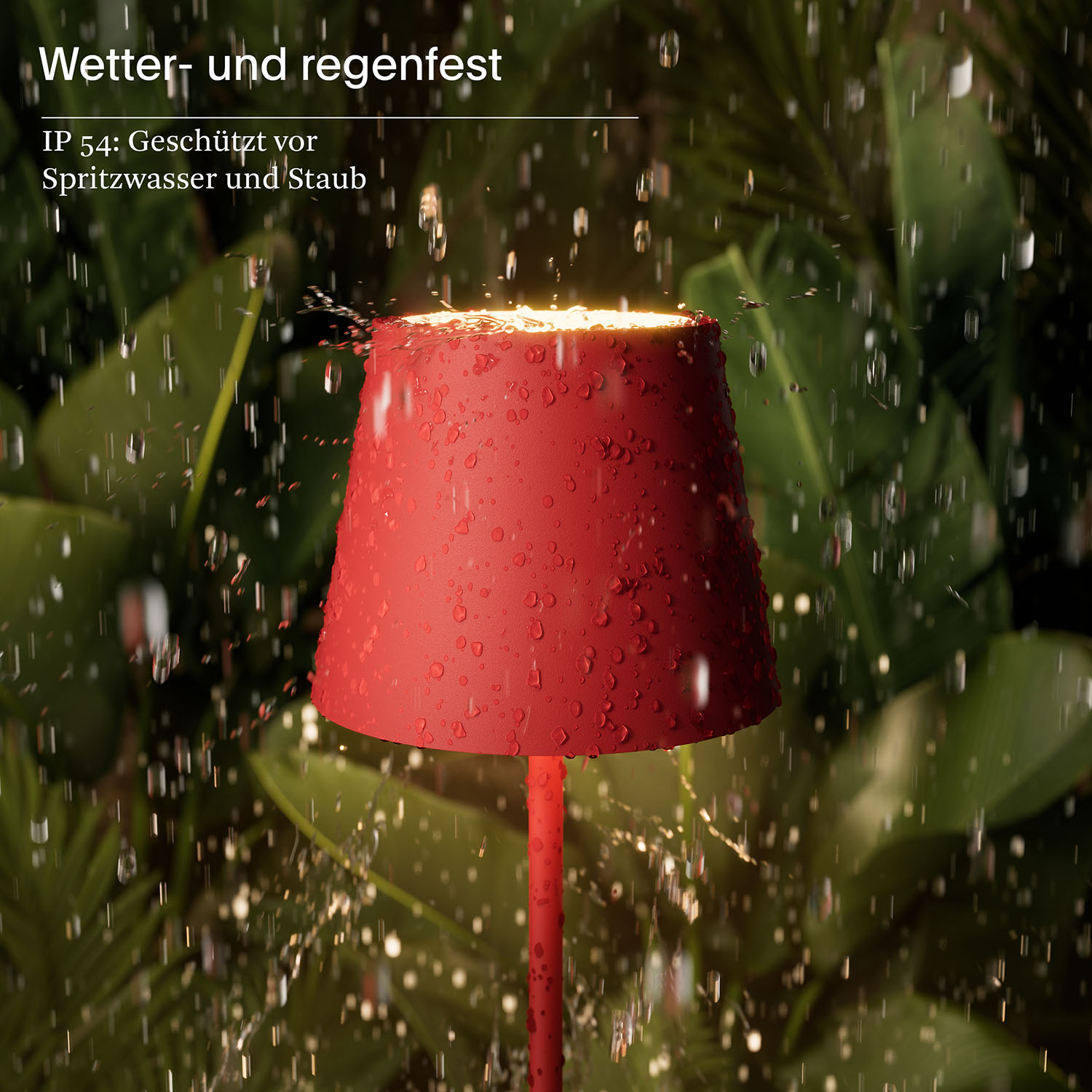 Eine rote Lampe wird draußen gezeigt, mit Wassertropfen darauf. Der Hintergrund sind grüne Blätter. Der Text sagt, es ist wasserdicht.
