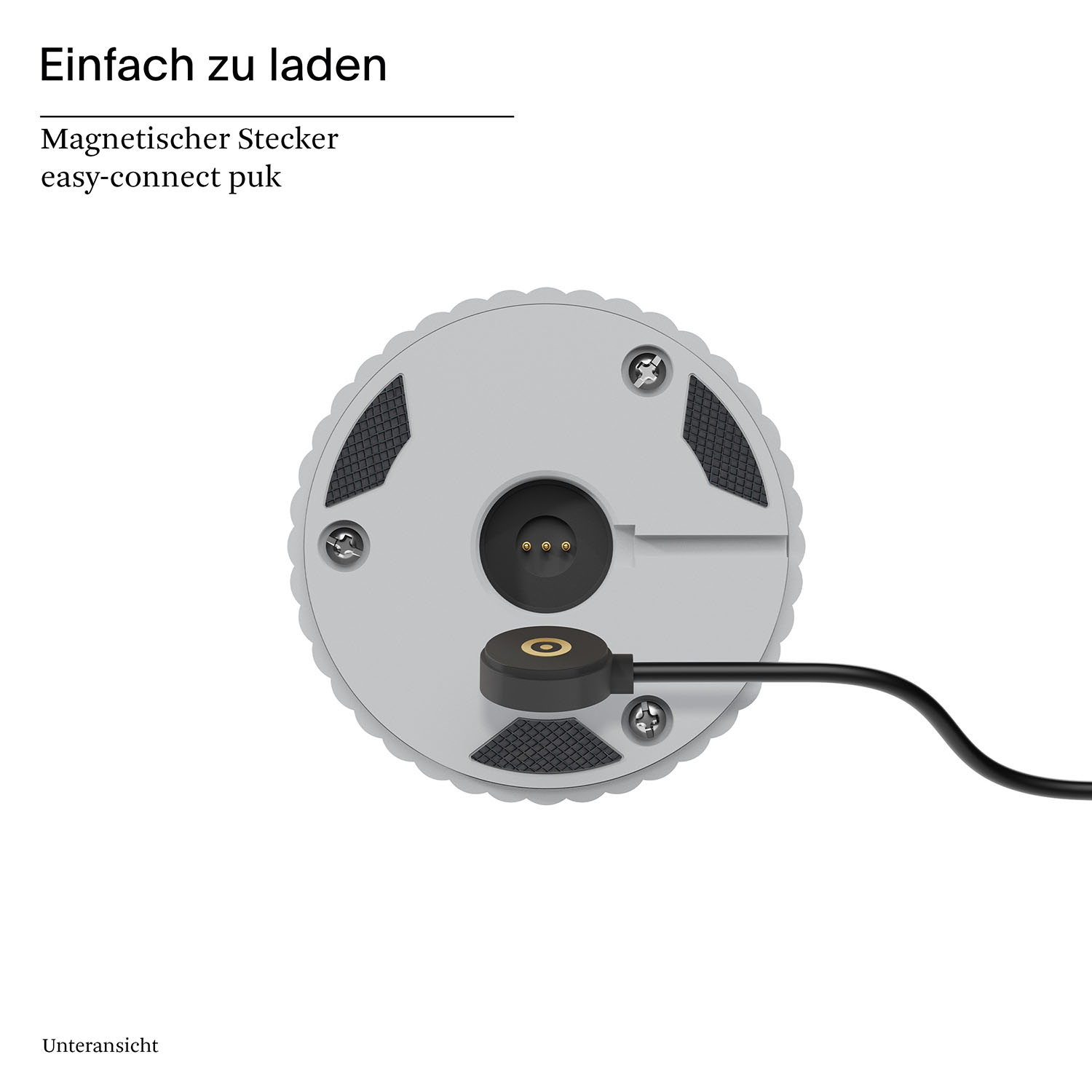 Unterseite eines grauen Ladegeräts mit Magnetanschluss und Schrauben. Text: Einfach zu laden.