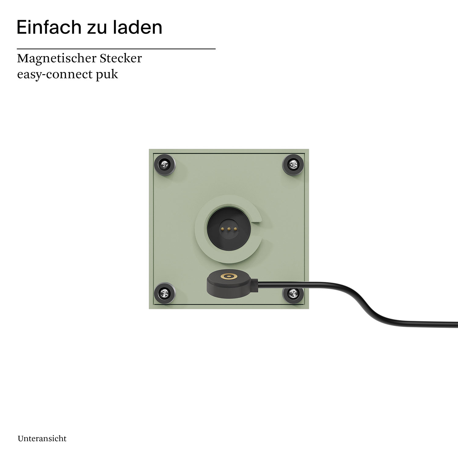 Eine Ladestation mit einem Ladepuck. Schwarzes Kabel, grüner Sockel und runder Ladeanschluss.