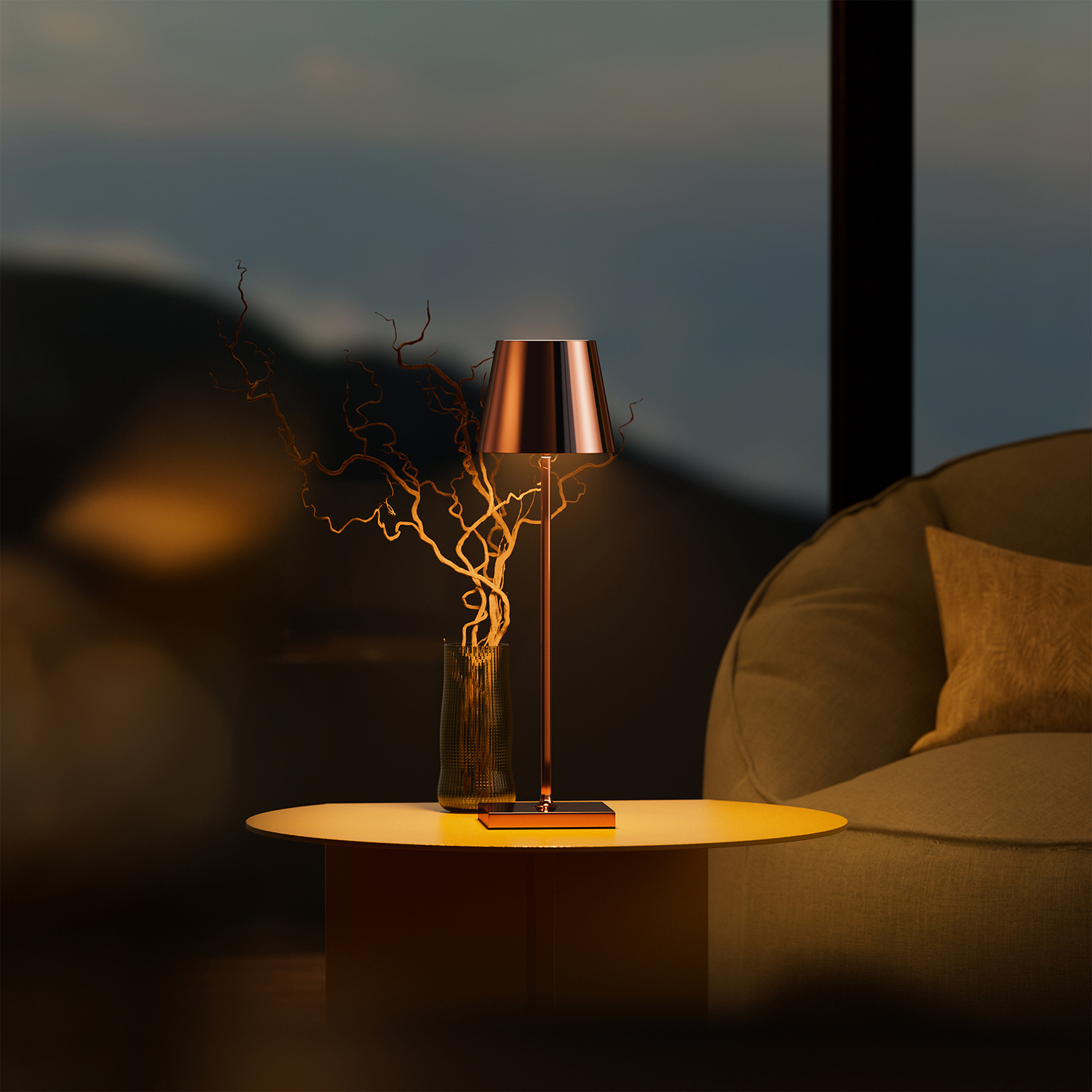 Tischlampe mit kupferfarbenem Schirm, mit Hintergrund.