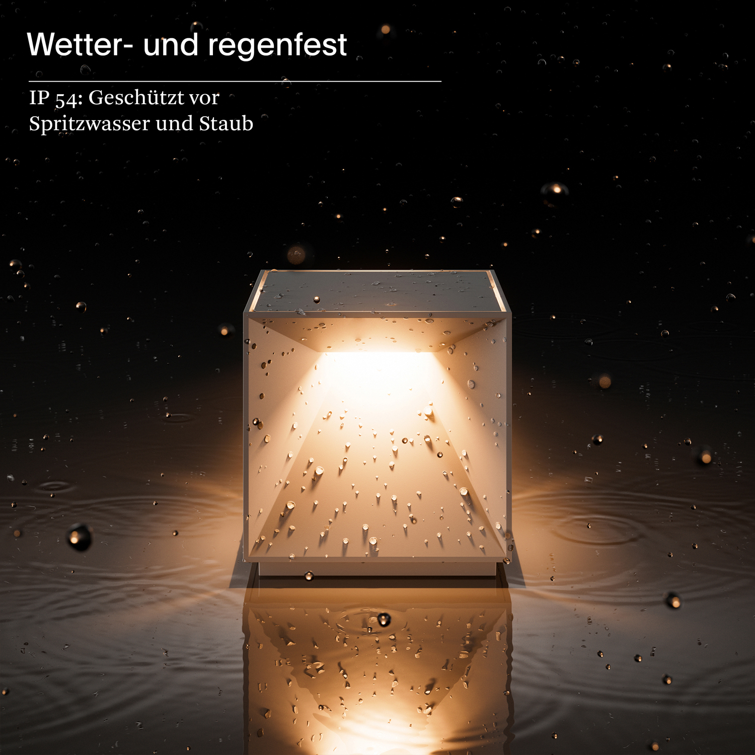 Weißer quadratischer Außenlicht, wasserdicht, mit Wassertropfen.