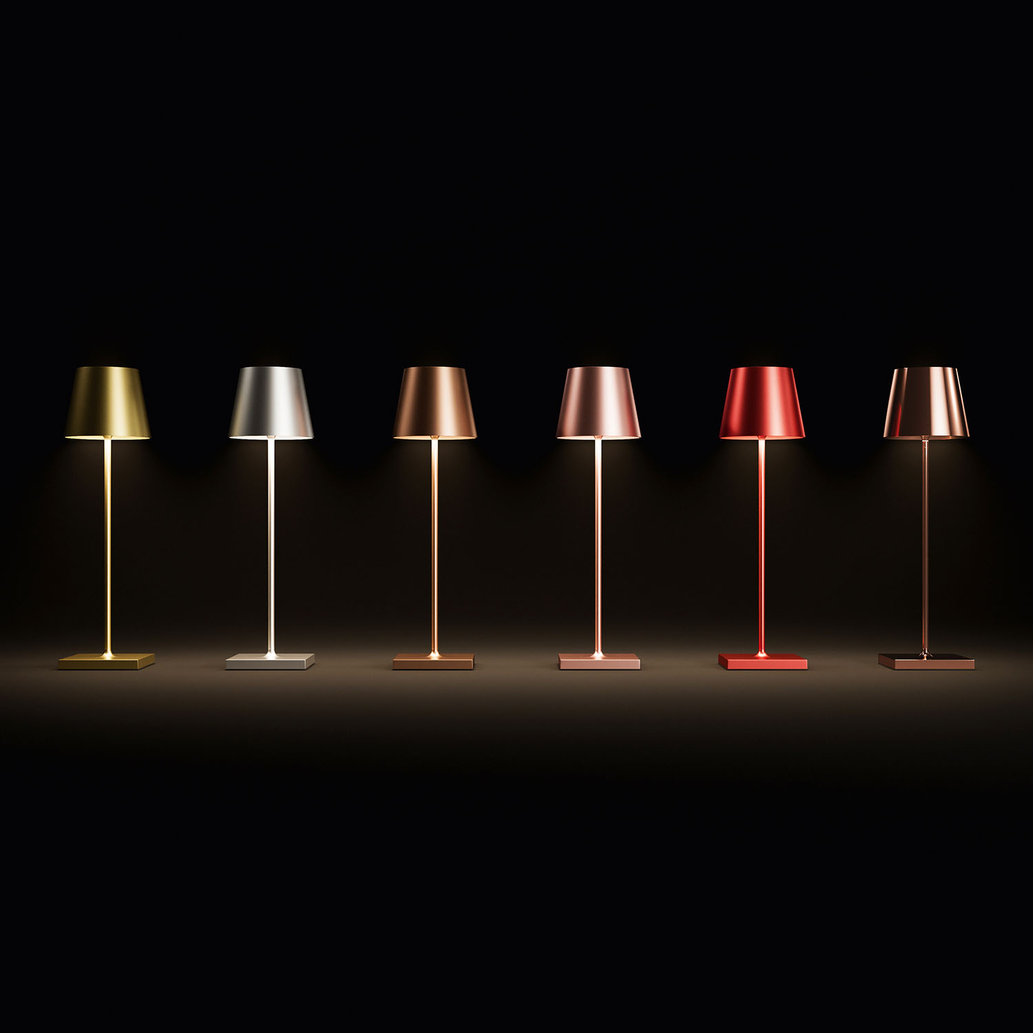 Sechs moderne Tischlampen mit verschiedenen Farbtönen. Gold-, Silber-, Bronze-, Kupfer-, Rot- und Brauntöne.
