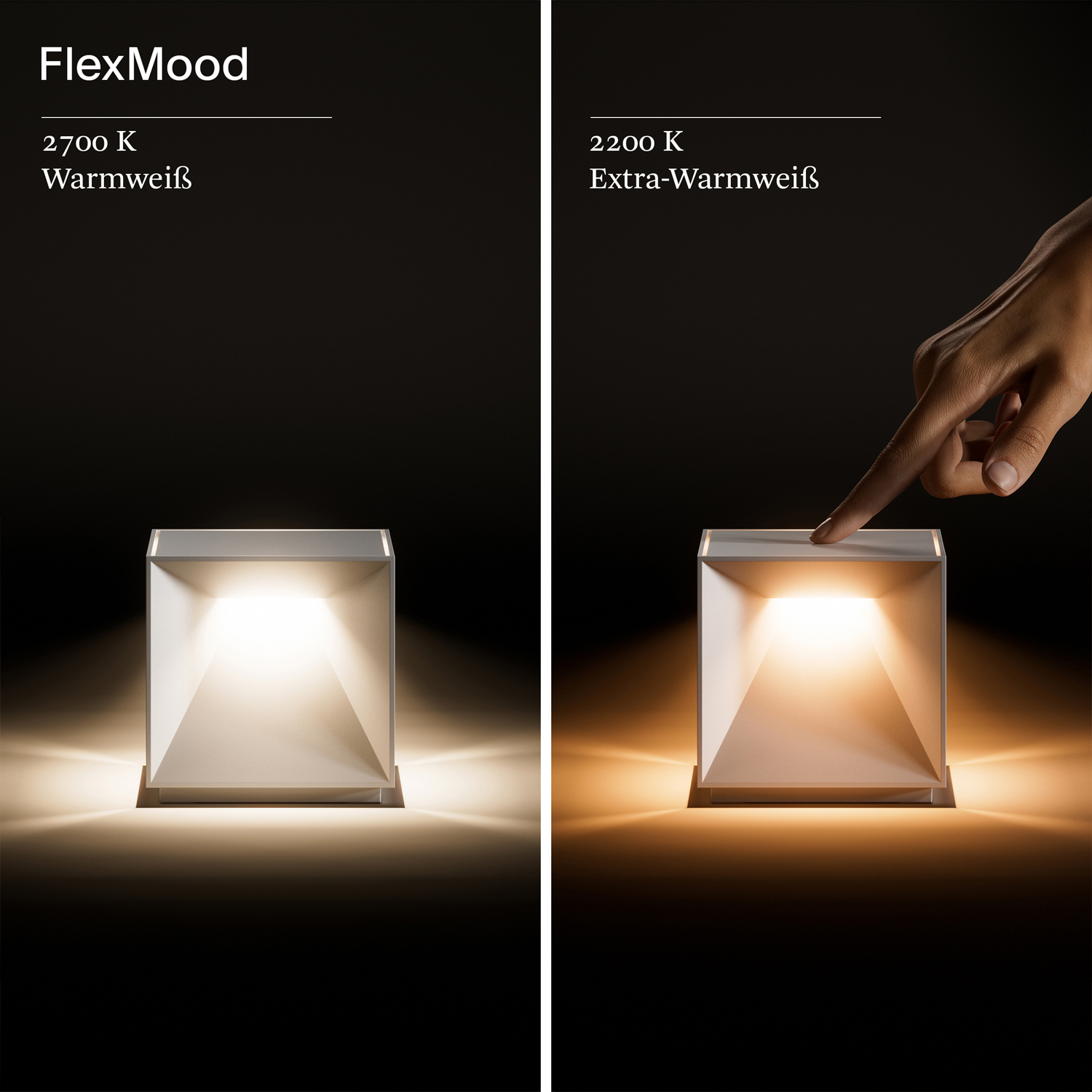 Zwei Bilder einer quadratischen Lampe; eines mit warmweißem Licht, das andere mit extra-warmweißem Licht.