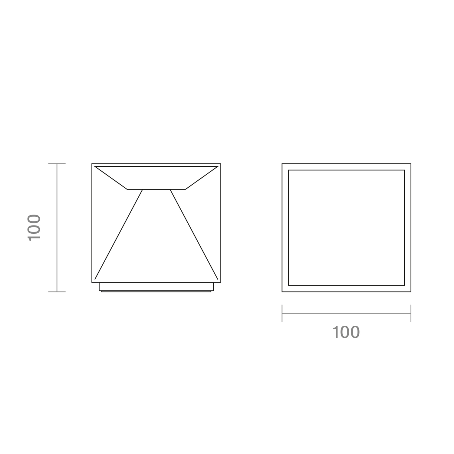 Draufsichtdiagramm einer quadratischen Form mit Abmessungen von 100 mm.