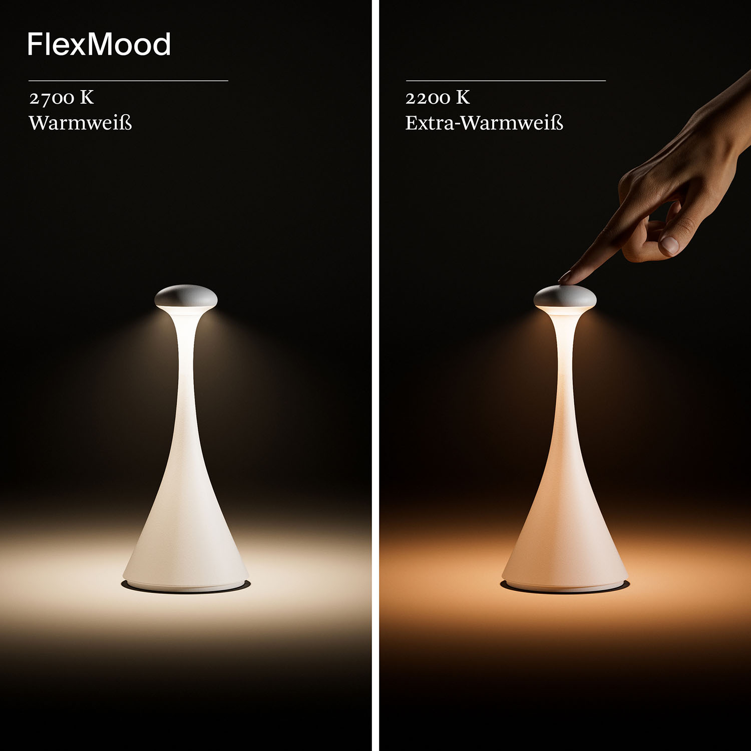 Zwei Lampen mit einstellbarem Licht. Eine liefert warmweißes Licht, die andere extra-warmweiß, auf schwarzem Hintergrund.