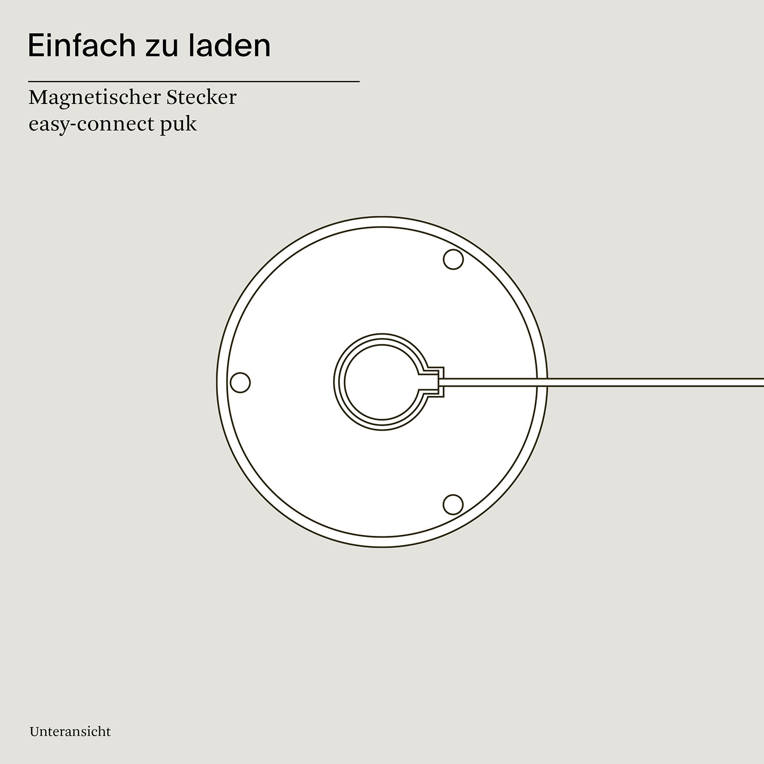 Ein kreisförmiger Ladeanschluss mit drei kleinen Kreisen um einen zentralen Kreis. Eine Linie verbindet sich nach rechts.