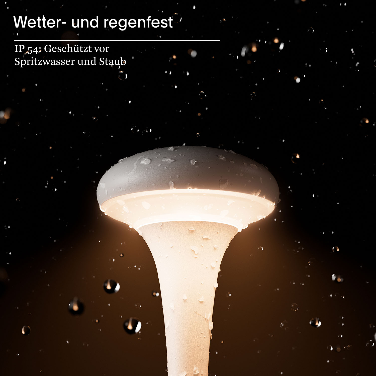 Weiße, moderne Lampe mit Wassertropfen. Dunkler Hintergrund mit Tropfen.