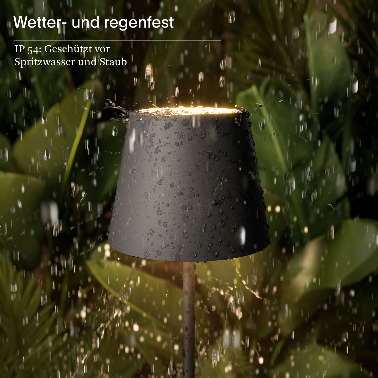 Eine schwarze Außenlampe mit Wassertropfen, in einer Gartenszene. Text: „Wetter- und regenfest“.