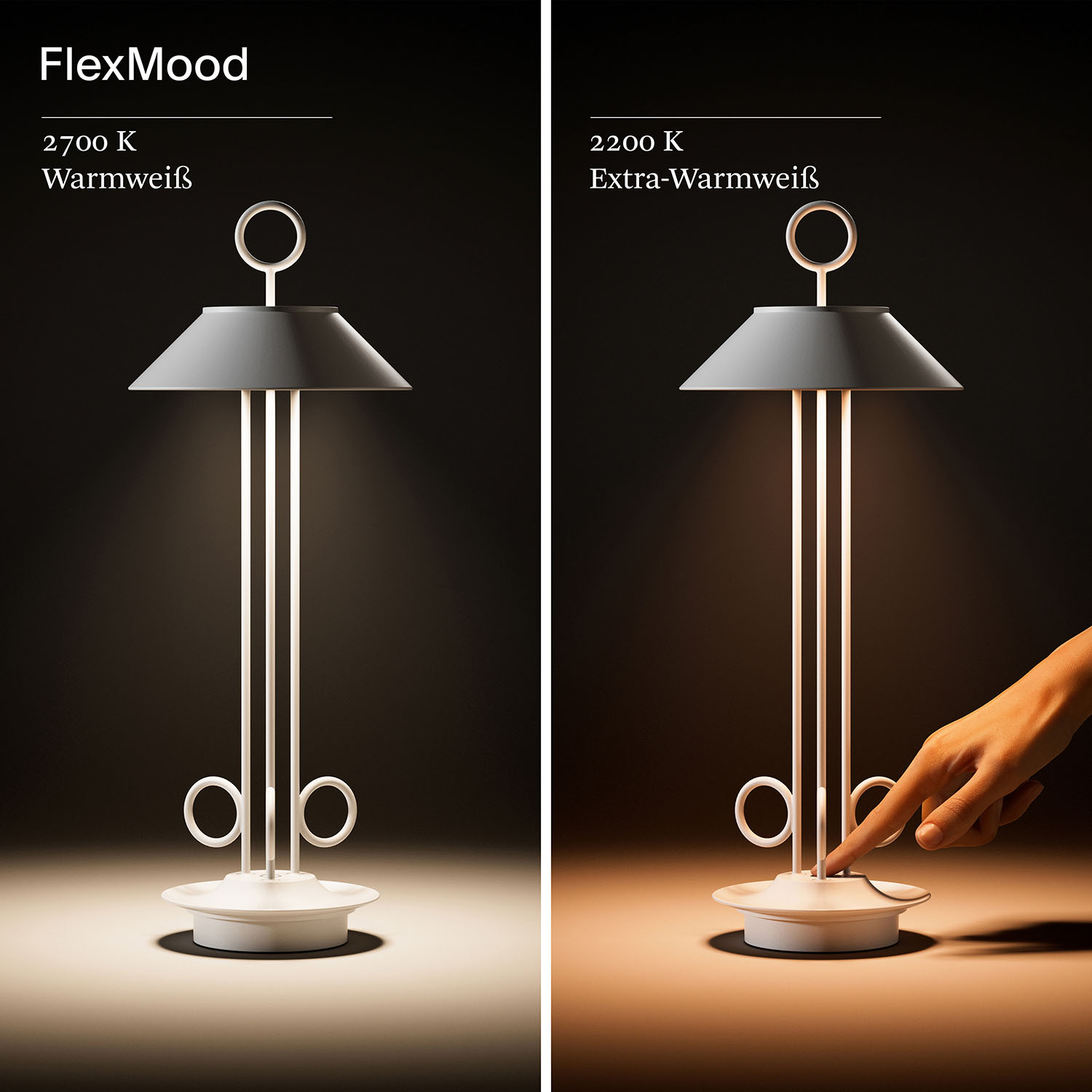 Zwei Lampen nebeneinander. Eine ist heller und eine Hand berührt den Schalter.