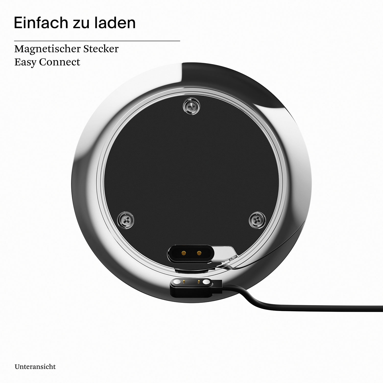 Nahaufnahme eines runden Ladegeräts, schwarzer Ladeanschluss.