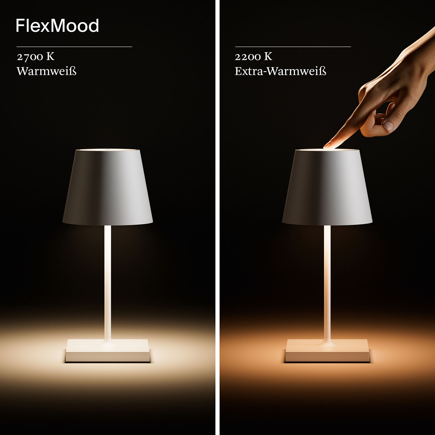 Zwei Lampen, eine warmweiß, die andere extra warmweiß, auf Schwarz.