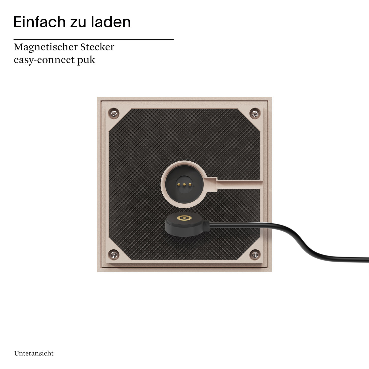 Eine Ladestation mit Magnetanschluss. Das Ladegerät ist schwarz.