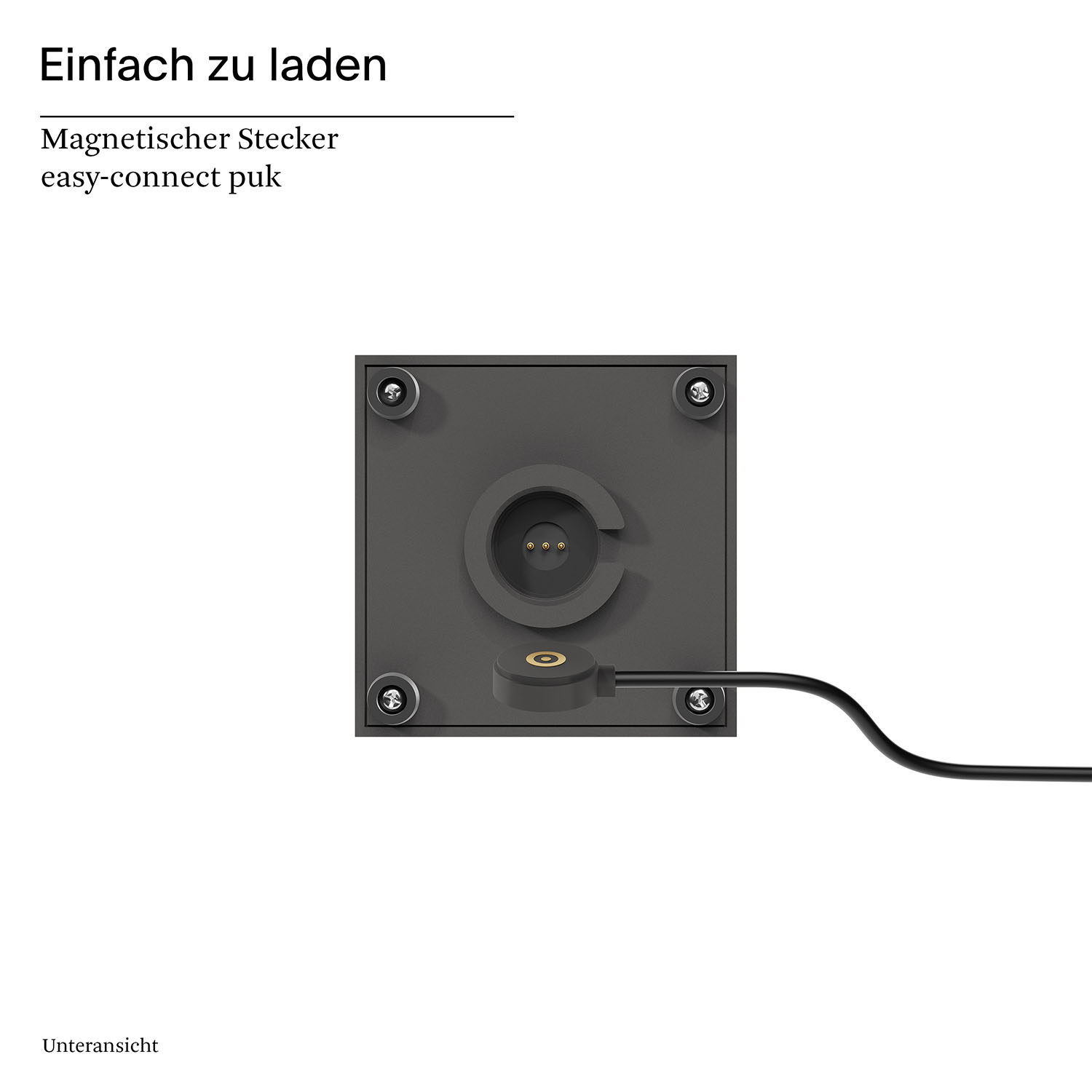 Schwarze Ladestation mit einem Ladepuck. Vier Schrauben. Weißer Hintergrund.