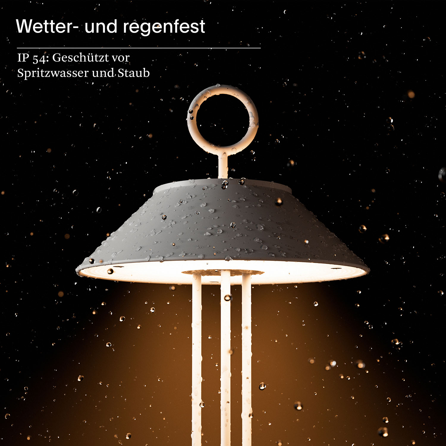 Weiße Lampe mit Regentropfen. Text: Wetter- und regenfest, IP54, geschützt vor Spritzwasser.