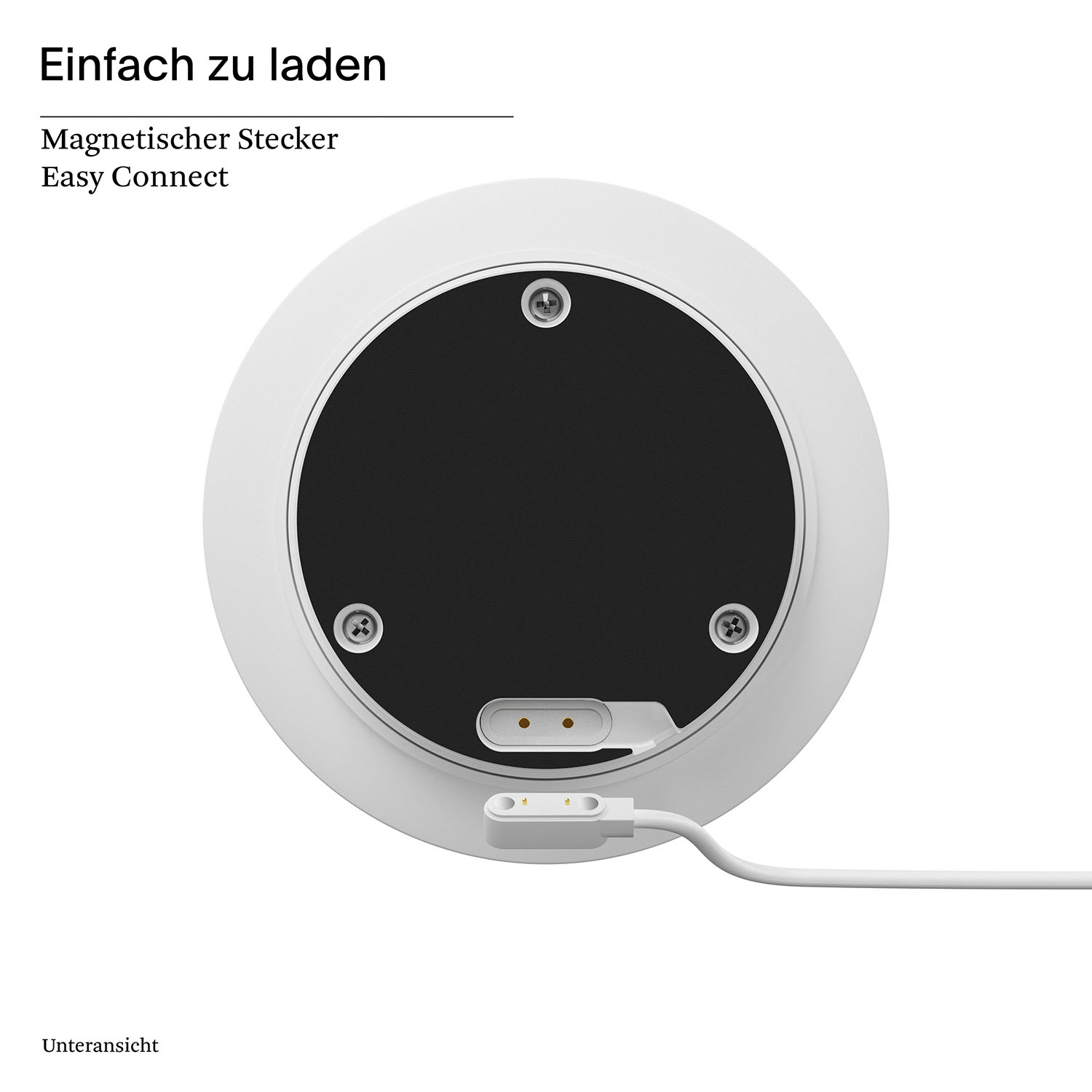 Weiße, kreisförmige Ladestation mit schwarzem Mittelteil. Hat drei Schrauben und einen Ladekabelanschluss unten.