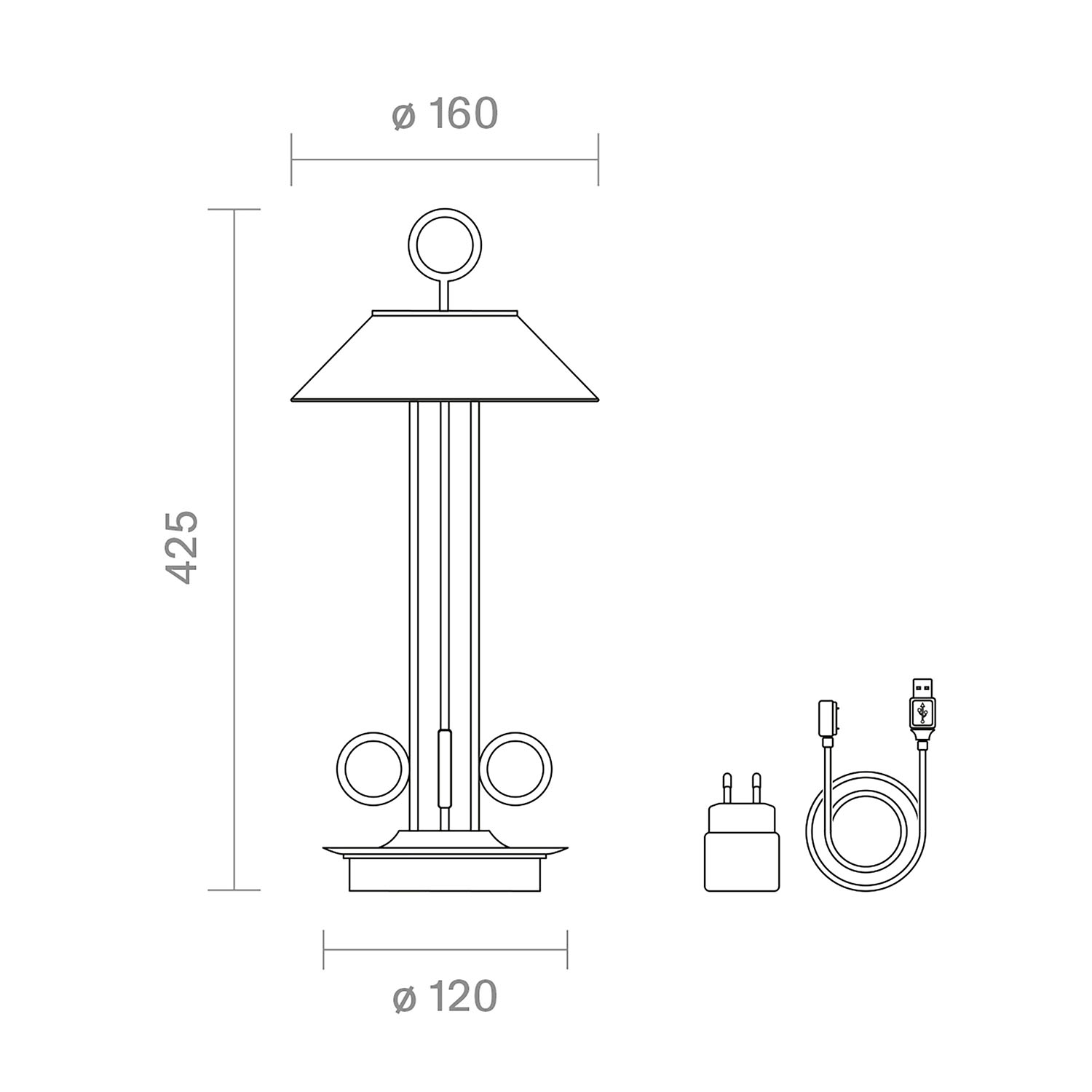Technische Zeichnung einer Lampe mit Maßen und angeschlossenem Netzkabel.