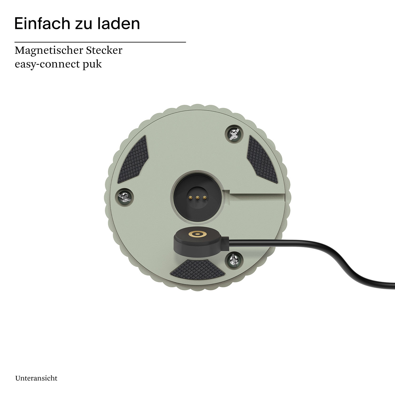 Ladestation mit Magnetanschluss und schwarzem Kabel. Weißer Hintergrund, Draufsicht.