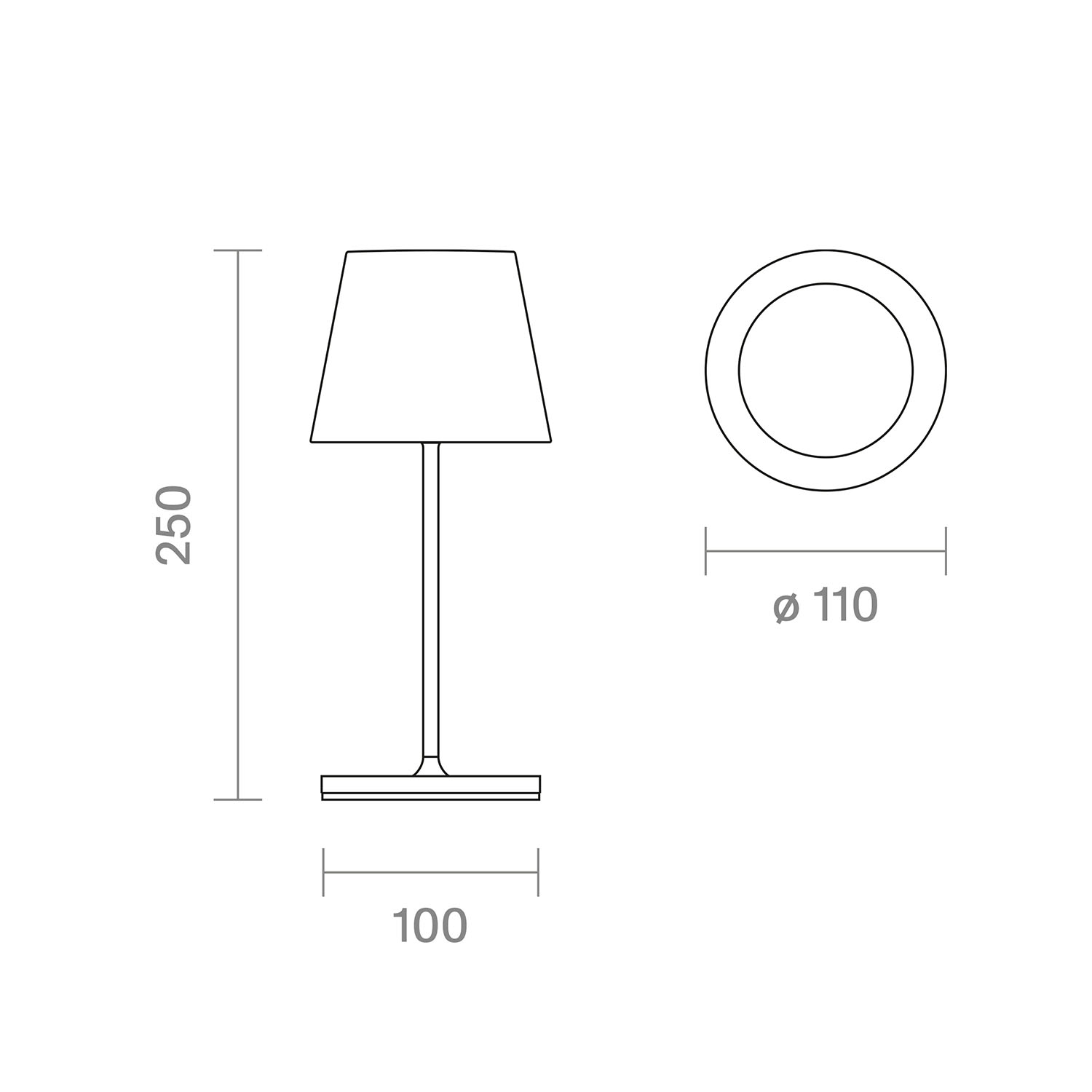 Diagramm einer Lampe. Zeigt Abmessungen und Draufsicht.