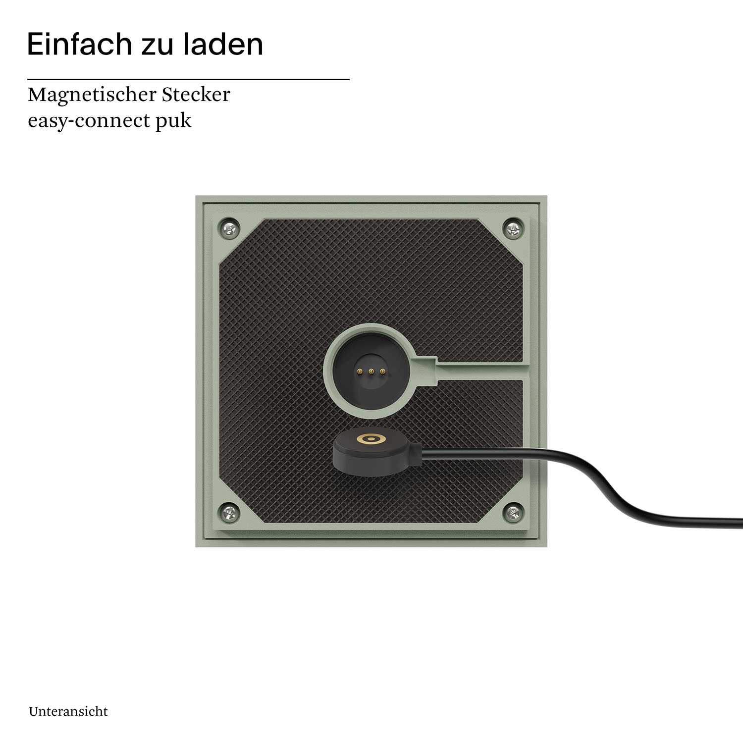 Quadratische schwarze Ladestation mit rundem Ladeanschluss und Kabel.