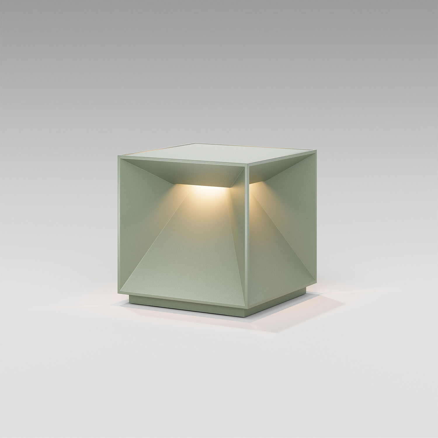Eine quadratische, hellgrüne Außenlampe mit Licht, auf weißem Hintergrund.