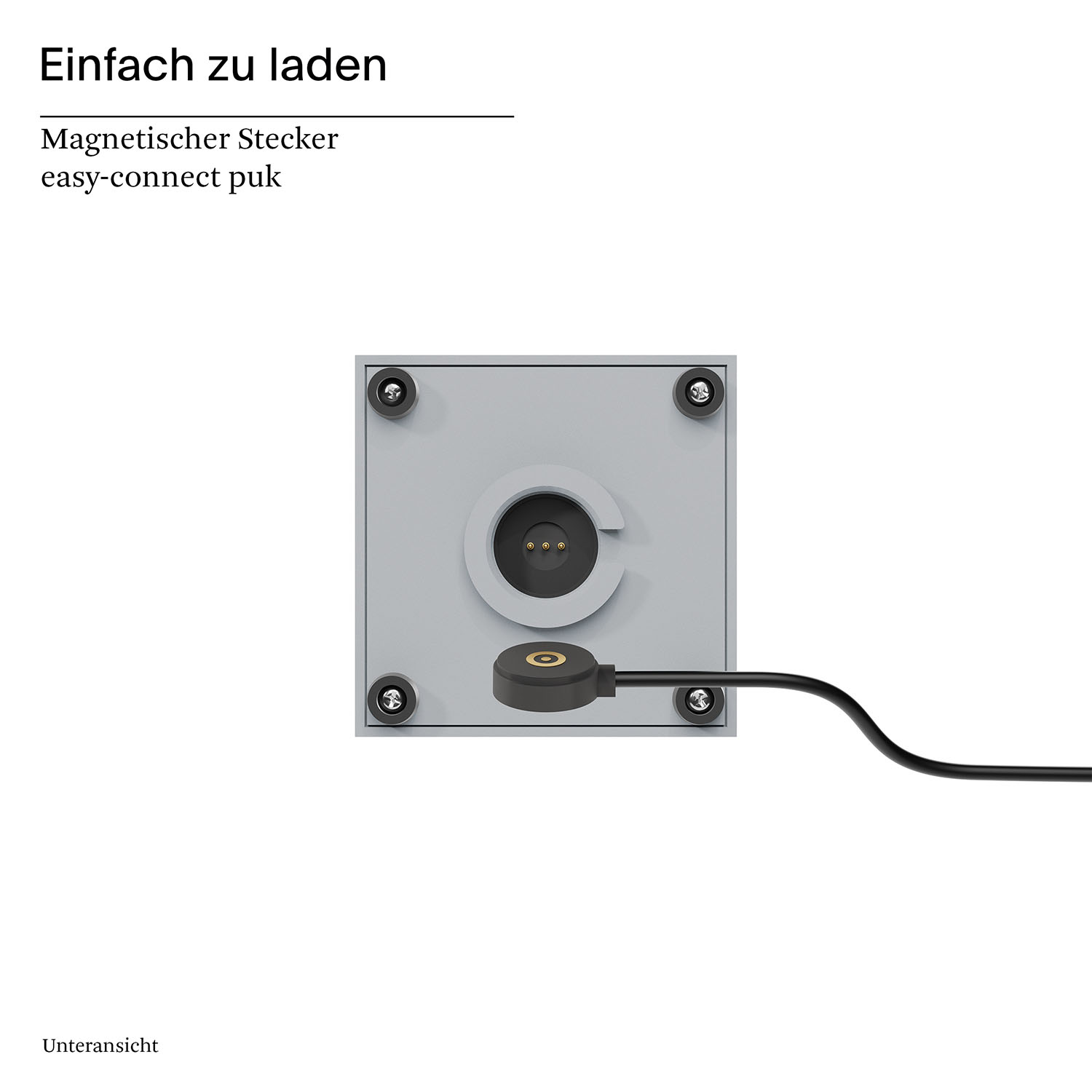 Ein graues quadratisches Ladegerät mit einem schwarzen Ladekabel und einem Ladeanschluss. Der Anschluss befindet sich im Ladegerät.