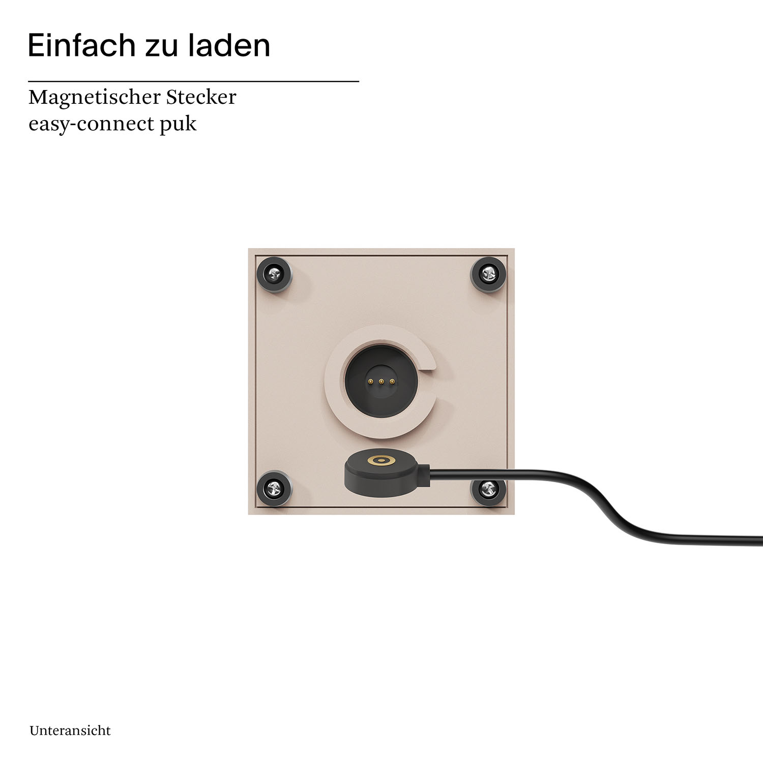 Nahaufnahme einer quadratischen Ladestation für ein Gerät mit Magnetanschluss.