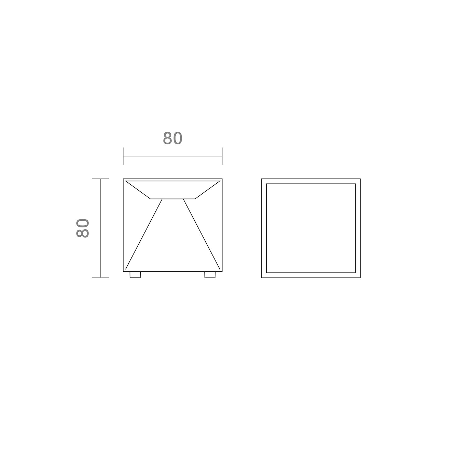 Diagramm eines quadratischen Tisches mit Abmessungen von 80x80 mm, Draufsicht und Seitenansicht.