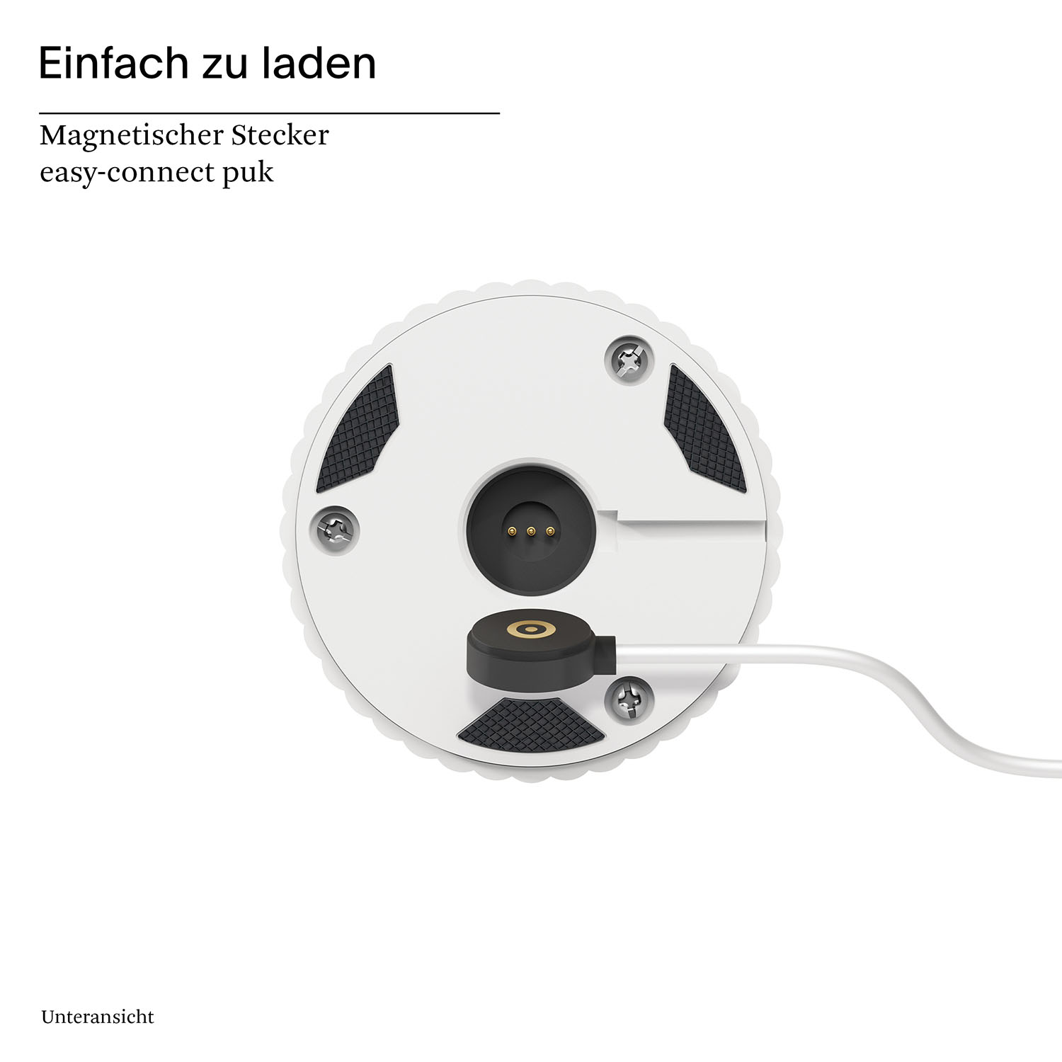 Weiße Ladestation mit Ladeanschluss, schwarzen Gummipads und Kabel, vor weißem Hintergrund.