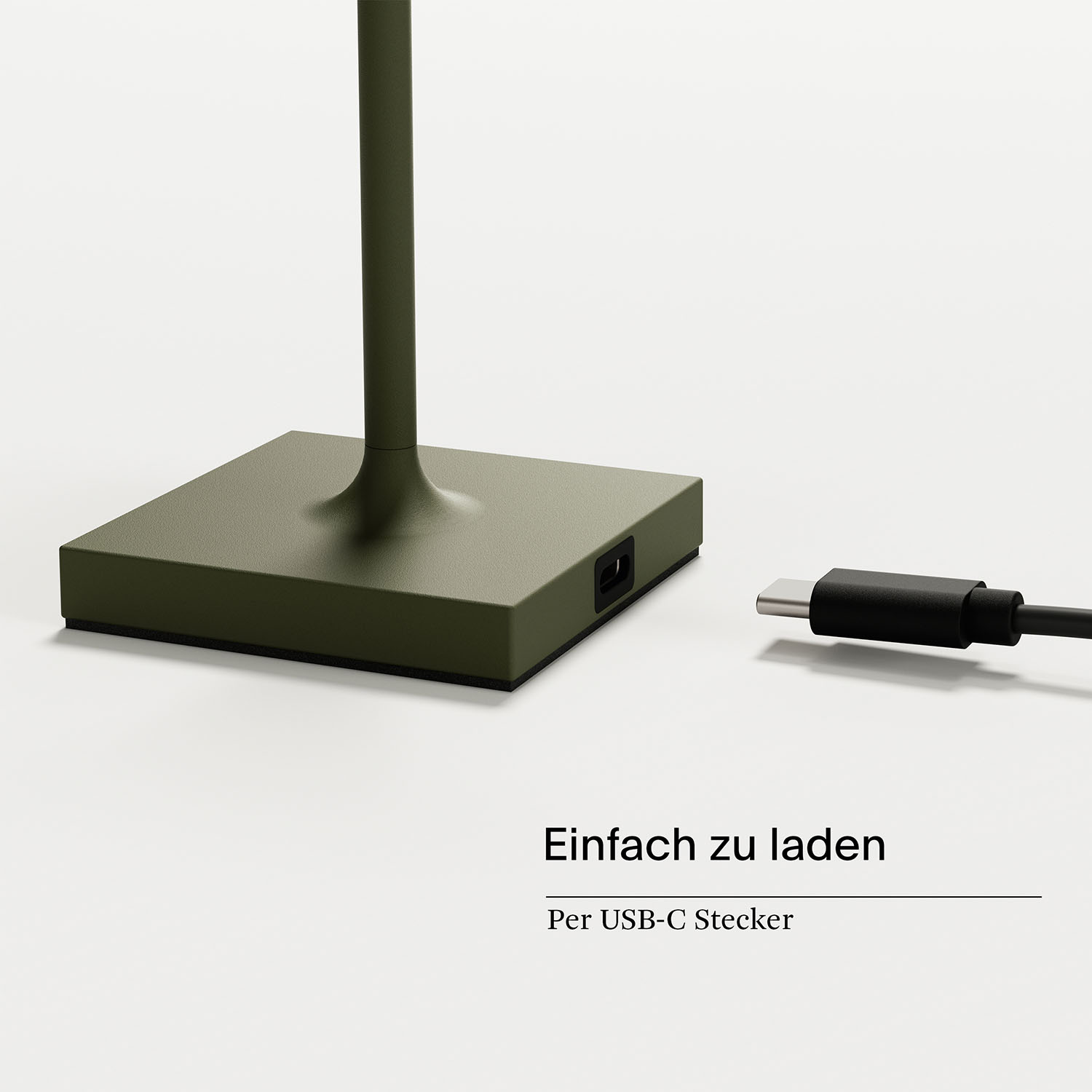 Ein olivgrüner Lampensockel mit USB-C-Ladeanschluss und schwarzem Kabel.