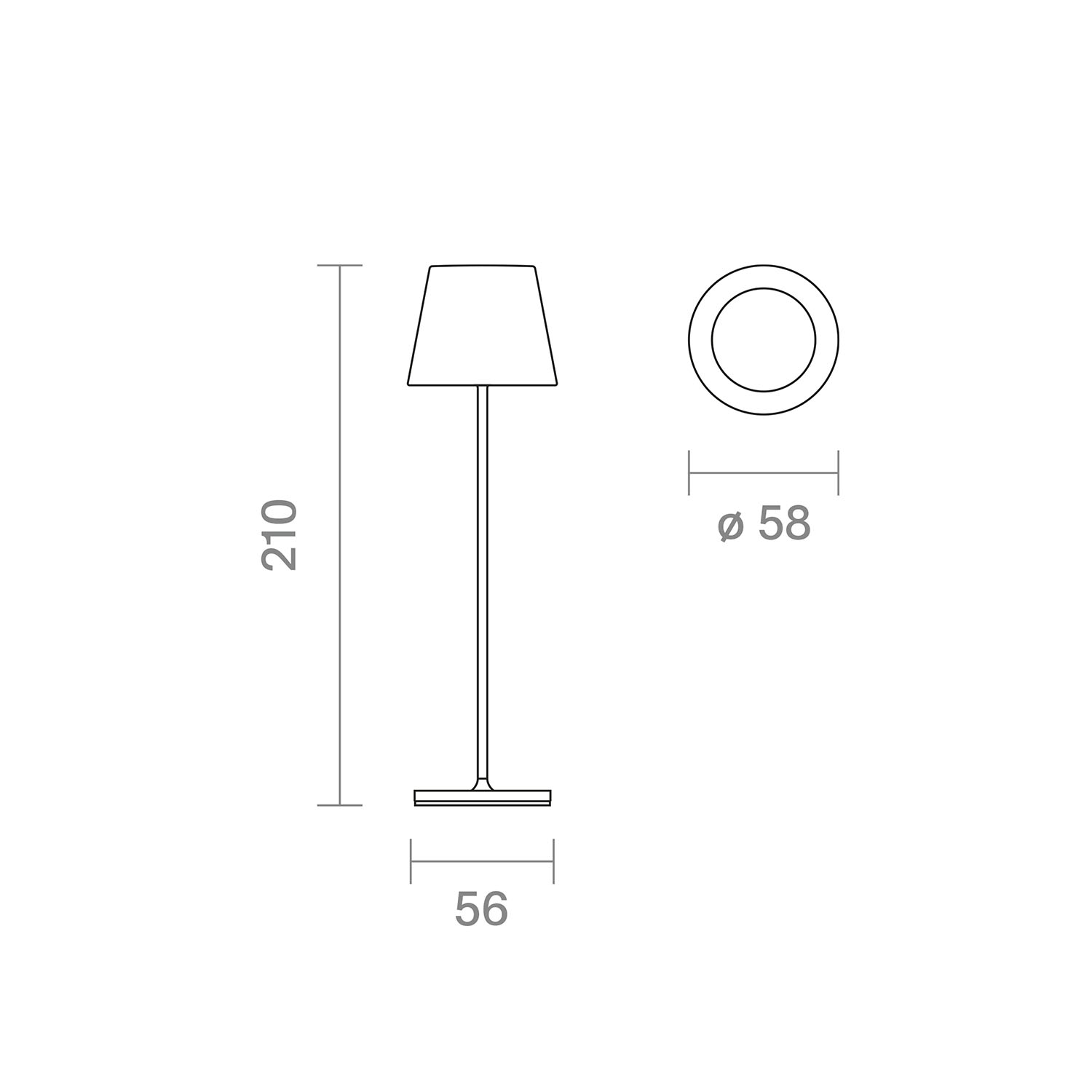 Ein Diagramm einer hohen Lampe. Zeigt die Abmessungen: 210 mm hoch, 56 mm breit und 58 mm Durchmesser.