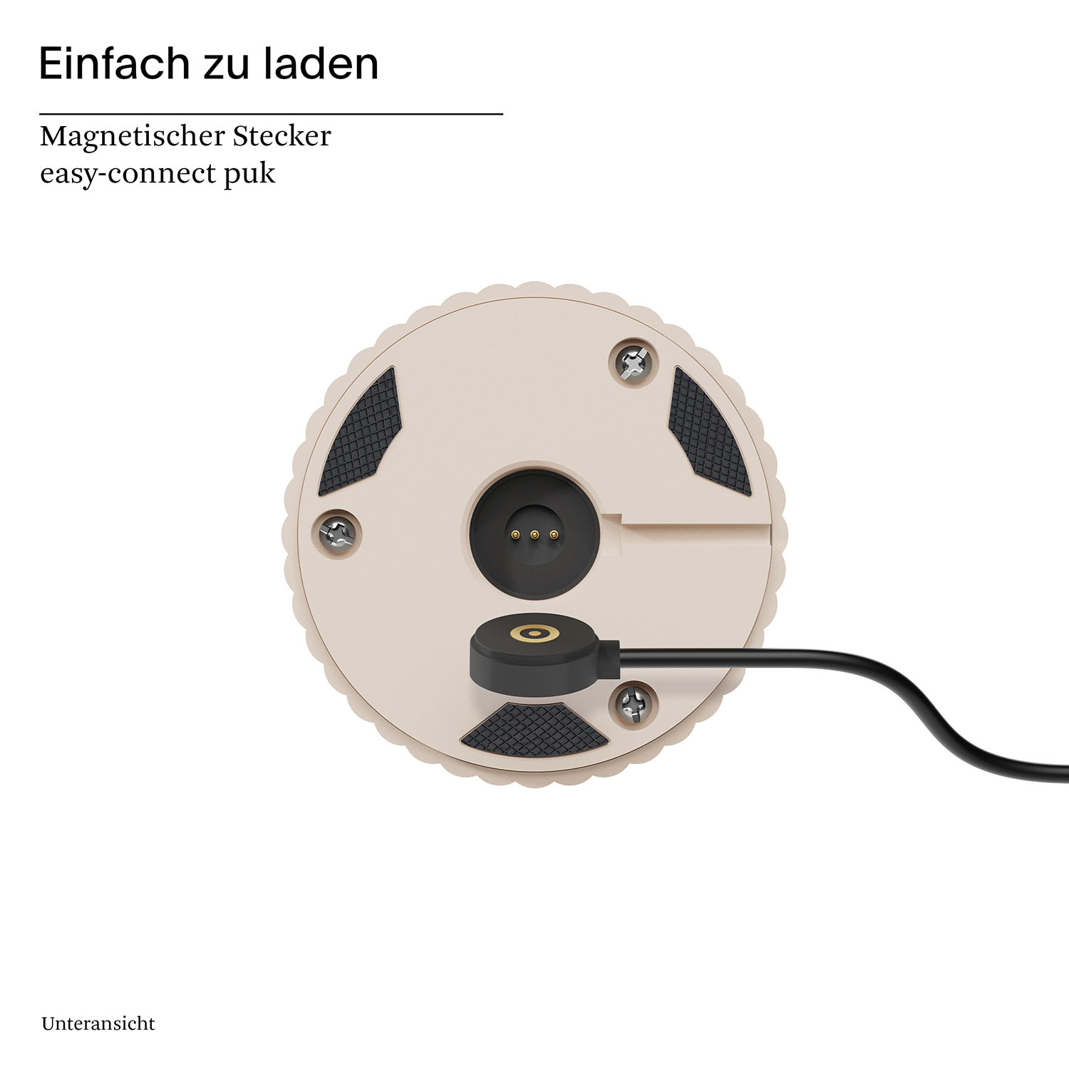 Unteransicht eines Ladegeräts mit Magnetanschluss und Ladekabel. Text lautet 'Einfach zu laden'.