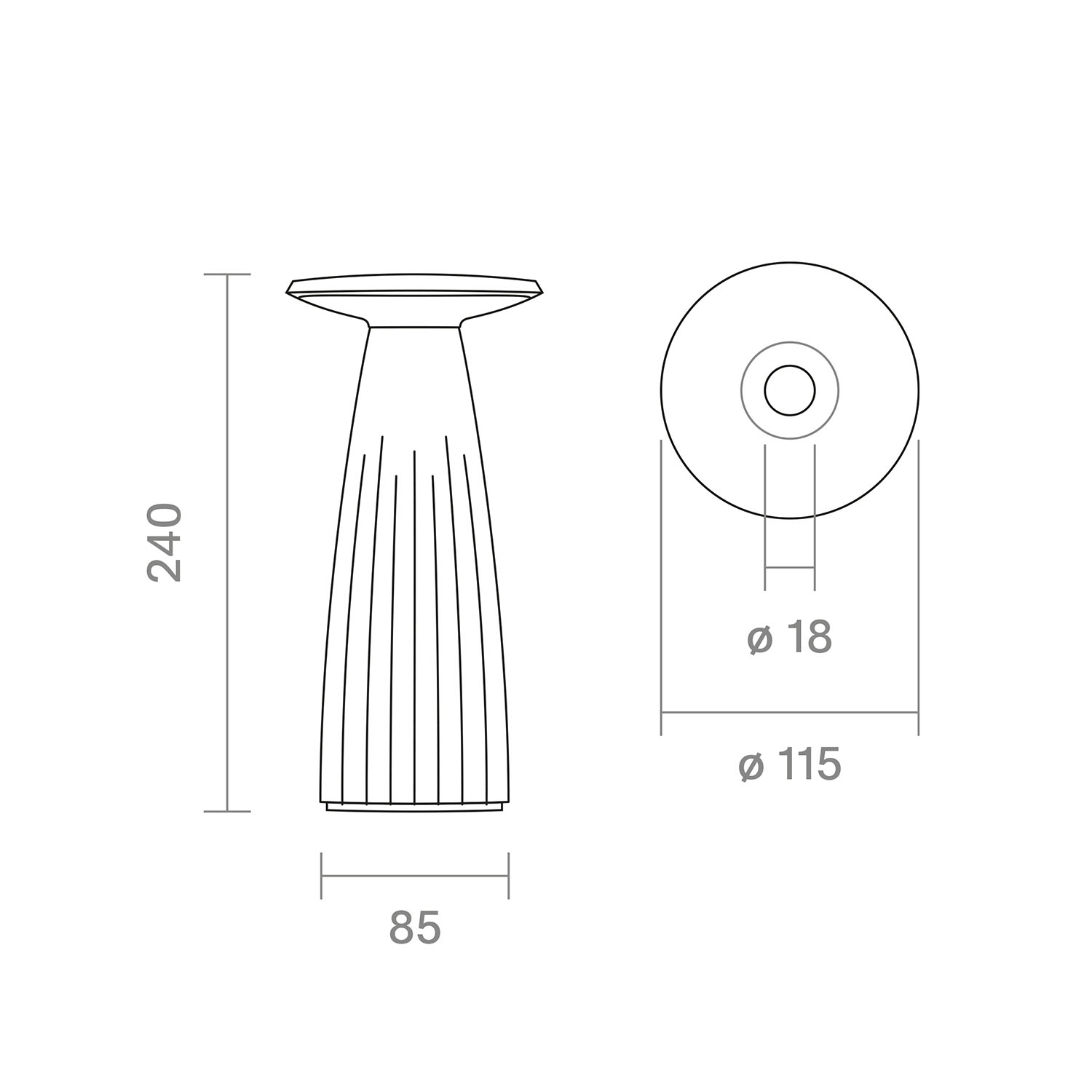 Eine Abbildung einer Lampe mit Maßen. Die Lampe hat einen zylindrischen Sockel und eine flache Oberseite.
