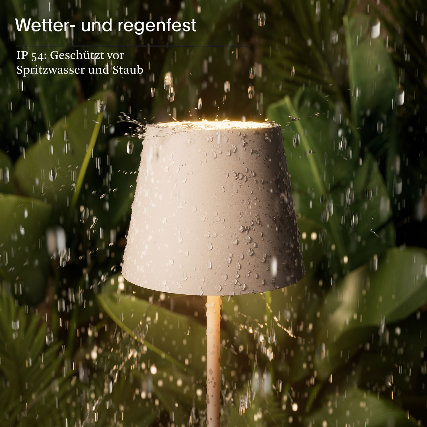 Lampe mit Wassertropfen vor grünem Laub. Text: Wetter- und regenfest. IP 54.