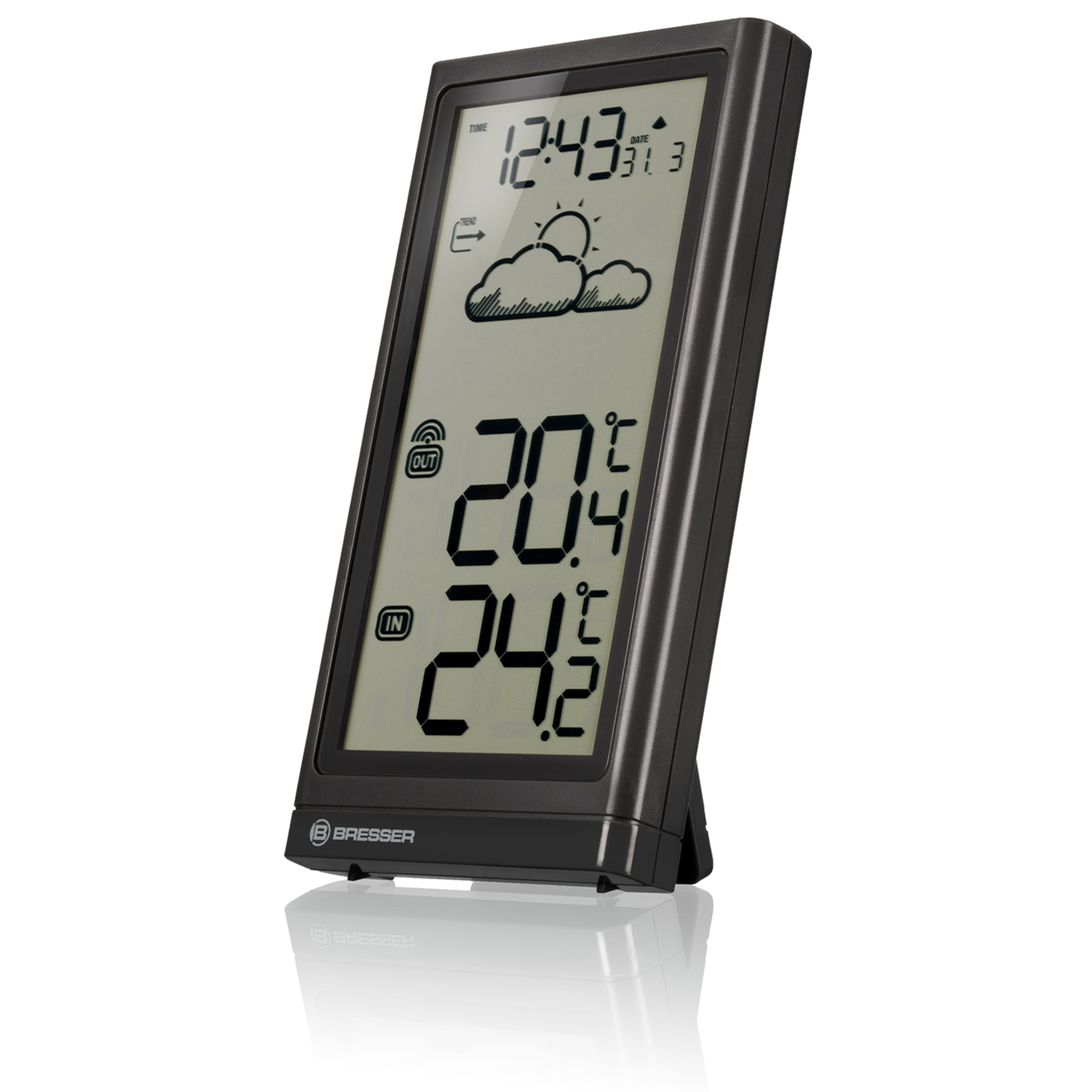 Eine digitale Wetterstation, die Zeit, Temperatur und Wettersymbol zeigt.