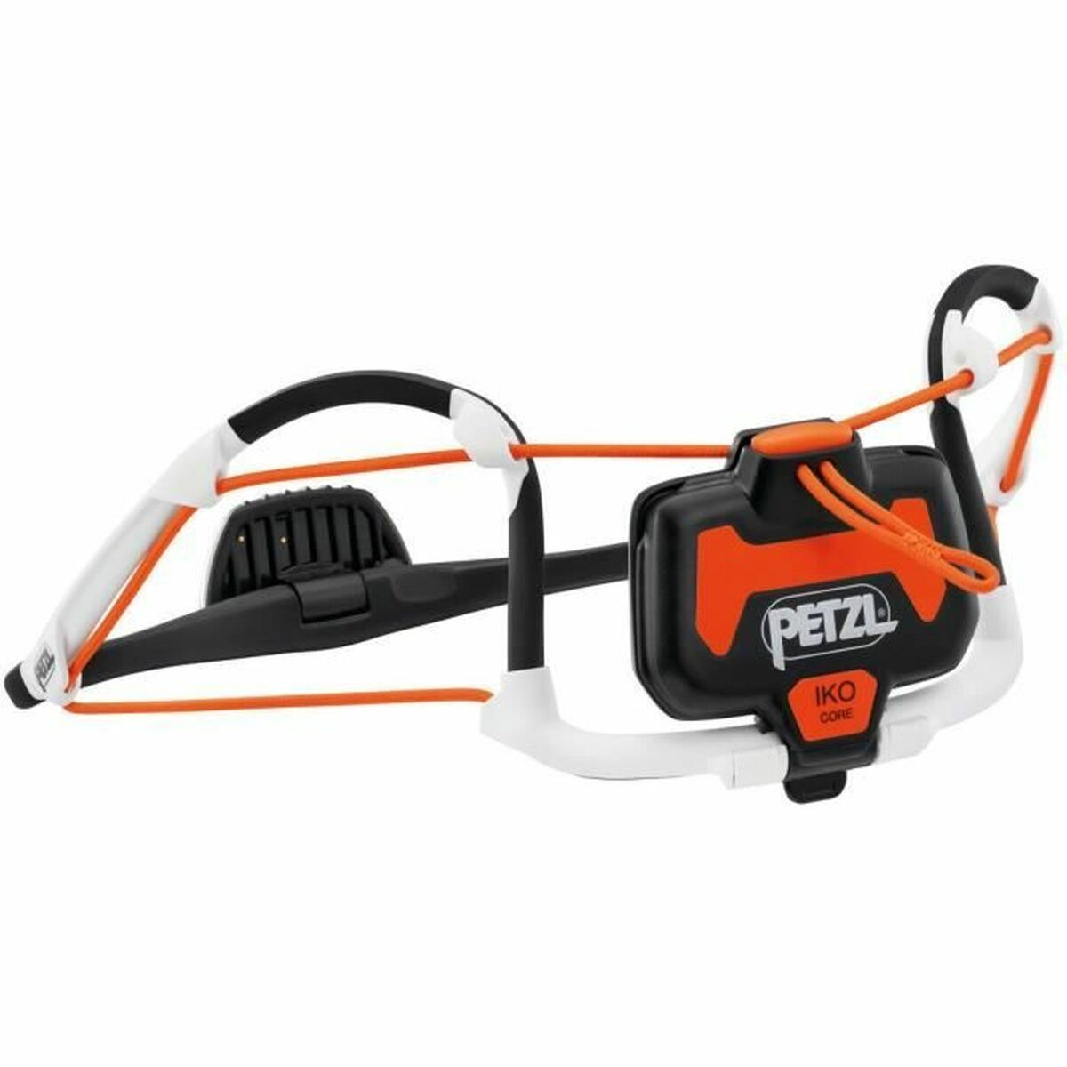 Lampe frontale Petzl IKO CORE. Noir et orange, avec bras blancs. Sur fond blanc.