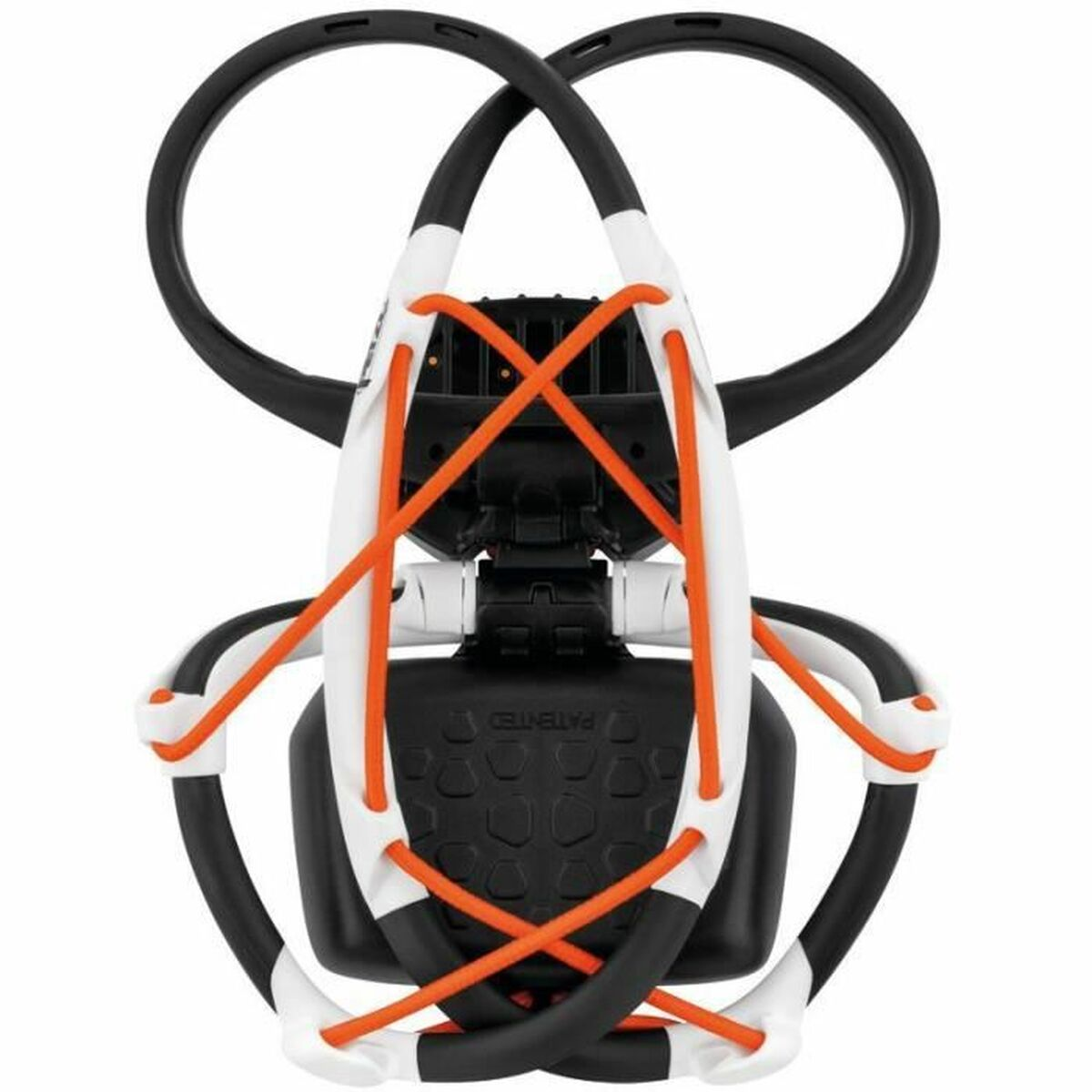 Un appareil noir et blanc avec des sangles orange. L'appareil se porte autour de la taille.