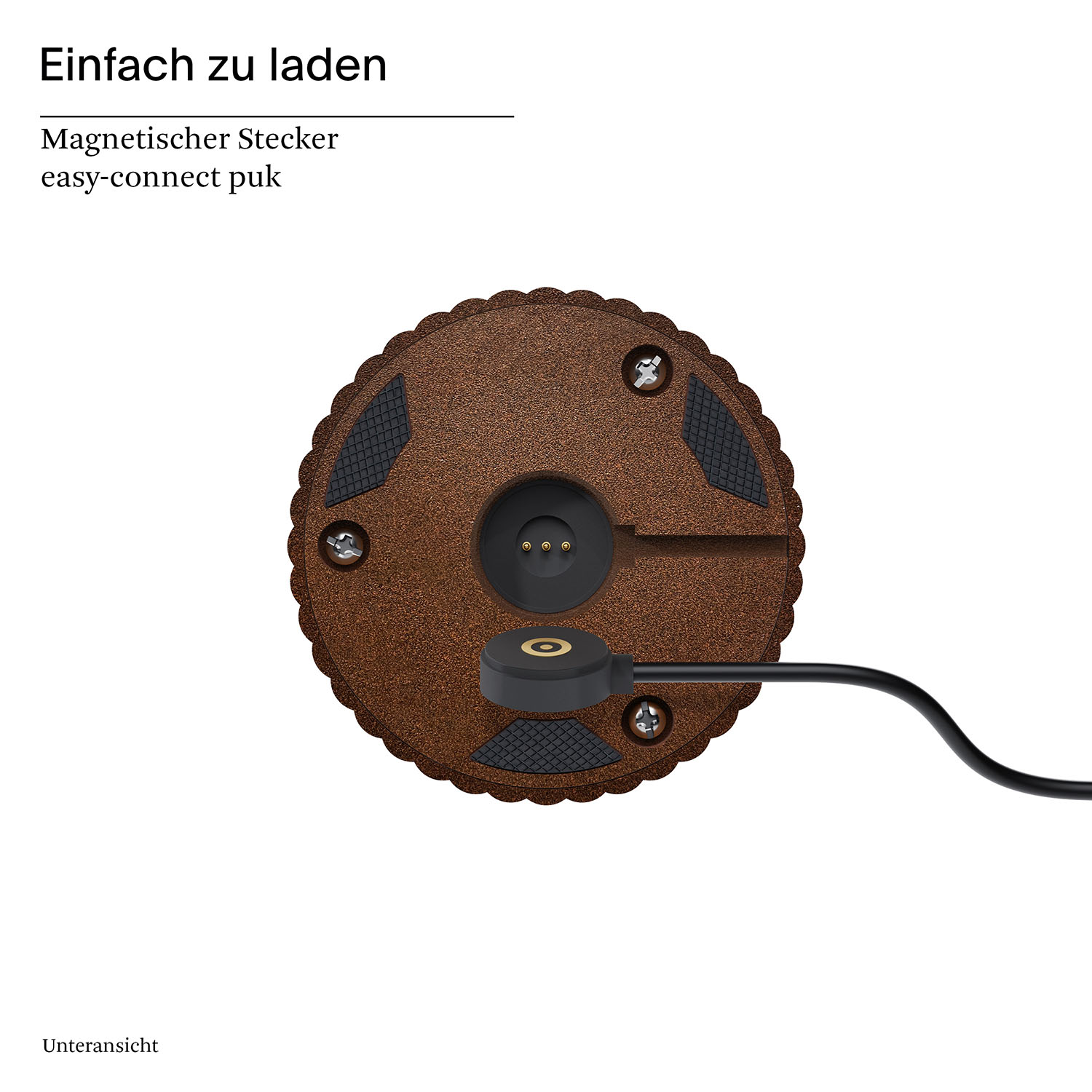 Kreisförmige Ladestation mit Ladeanschluss und schwarzem Kabel.