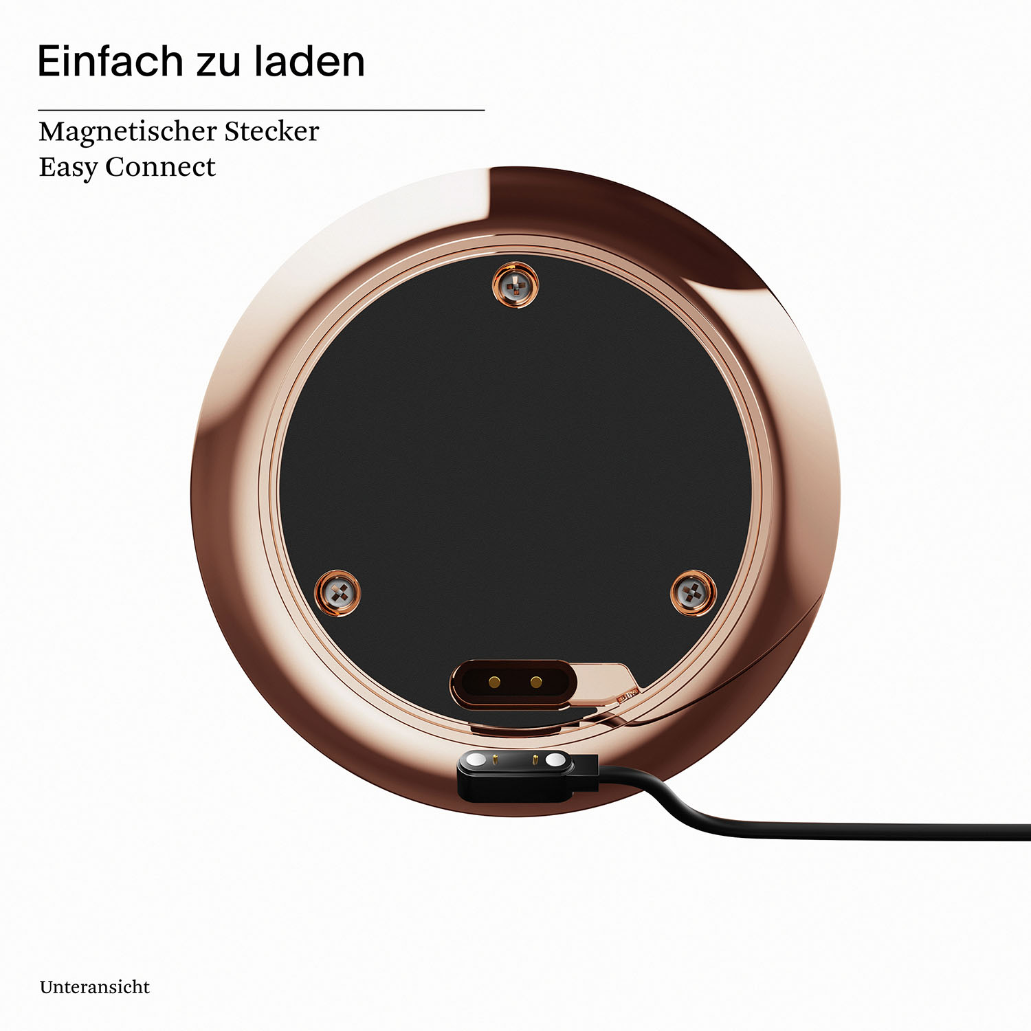 Eine roségoldene Ladestation mit schwarzem Mittelteil und einem schwarzen Ladekabel.