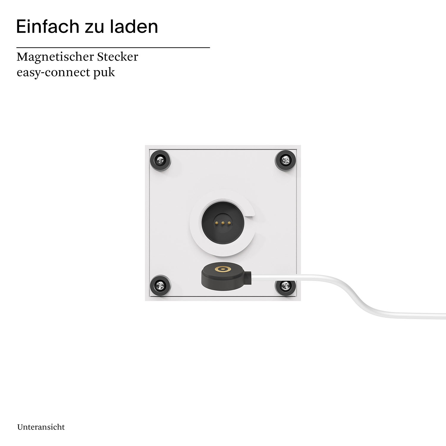 Weißes Quadrat mit schwarzem Ladeanschluss, schwarzem Ladepuck und weißem Kabel.