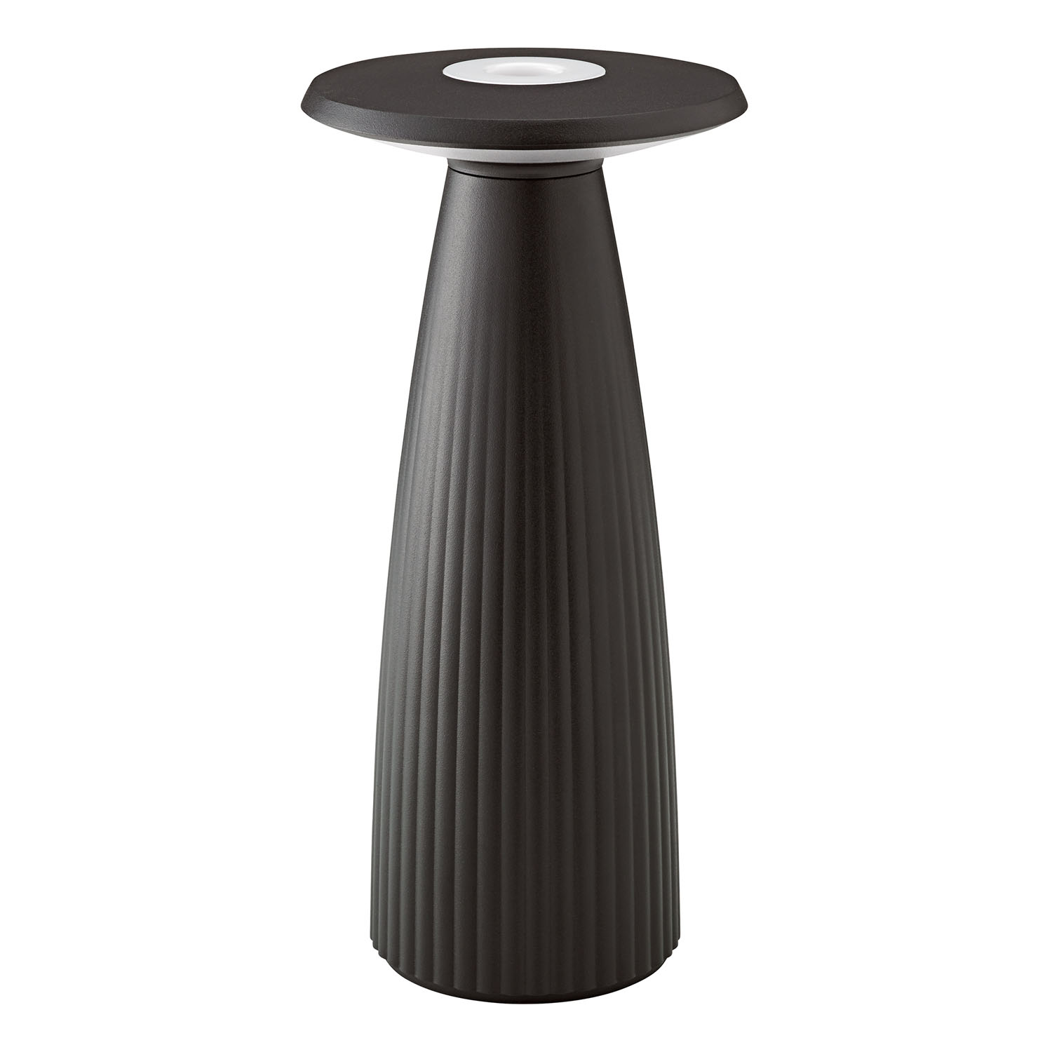 Schwarze moderne Tischlampe mit zylindrischem Sockel und rundem Oberteil, auf weißem Grund.