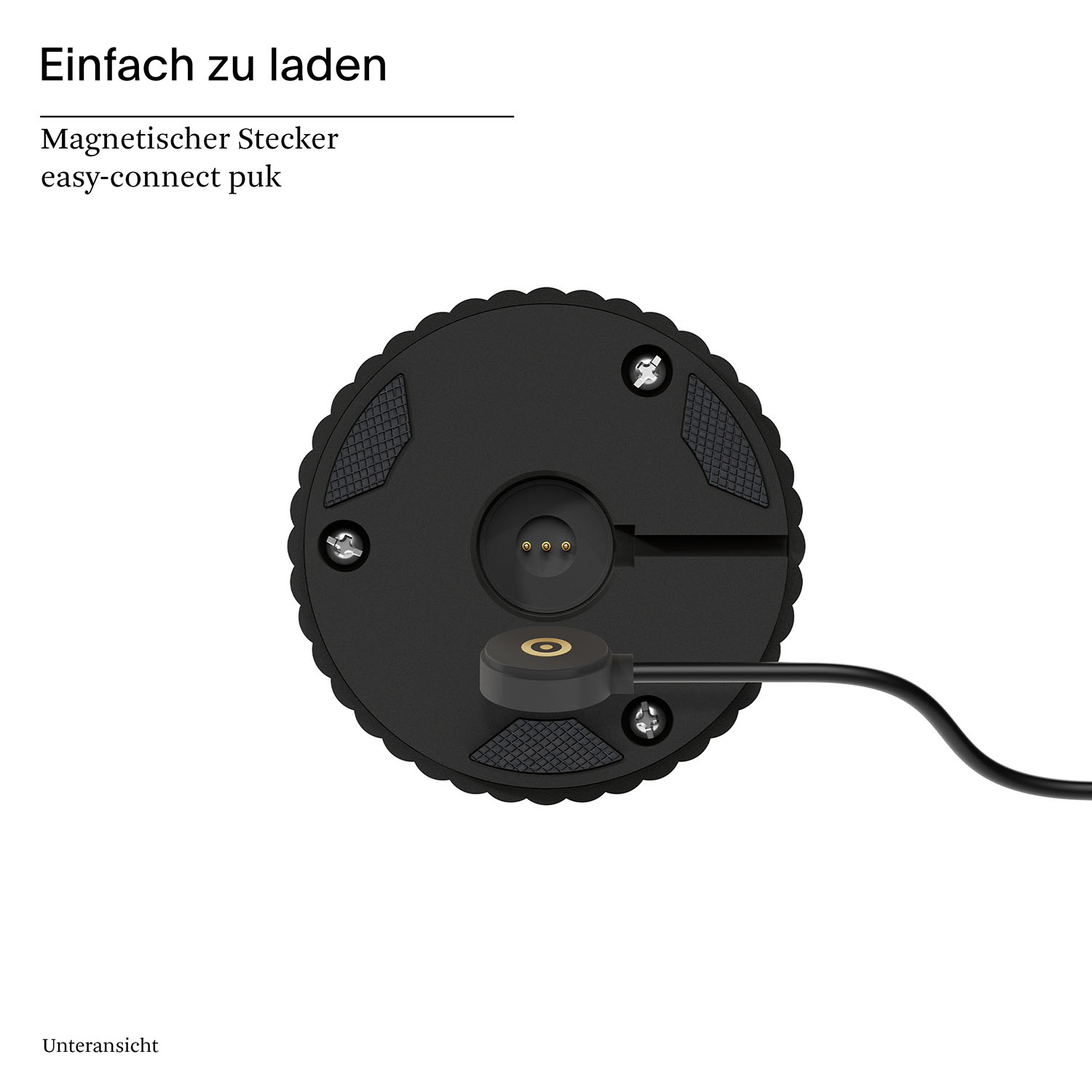 Die Unterseite einer Ladestation für eine Lampe. Es gibt einen Ladeanschluss und Schrauben.