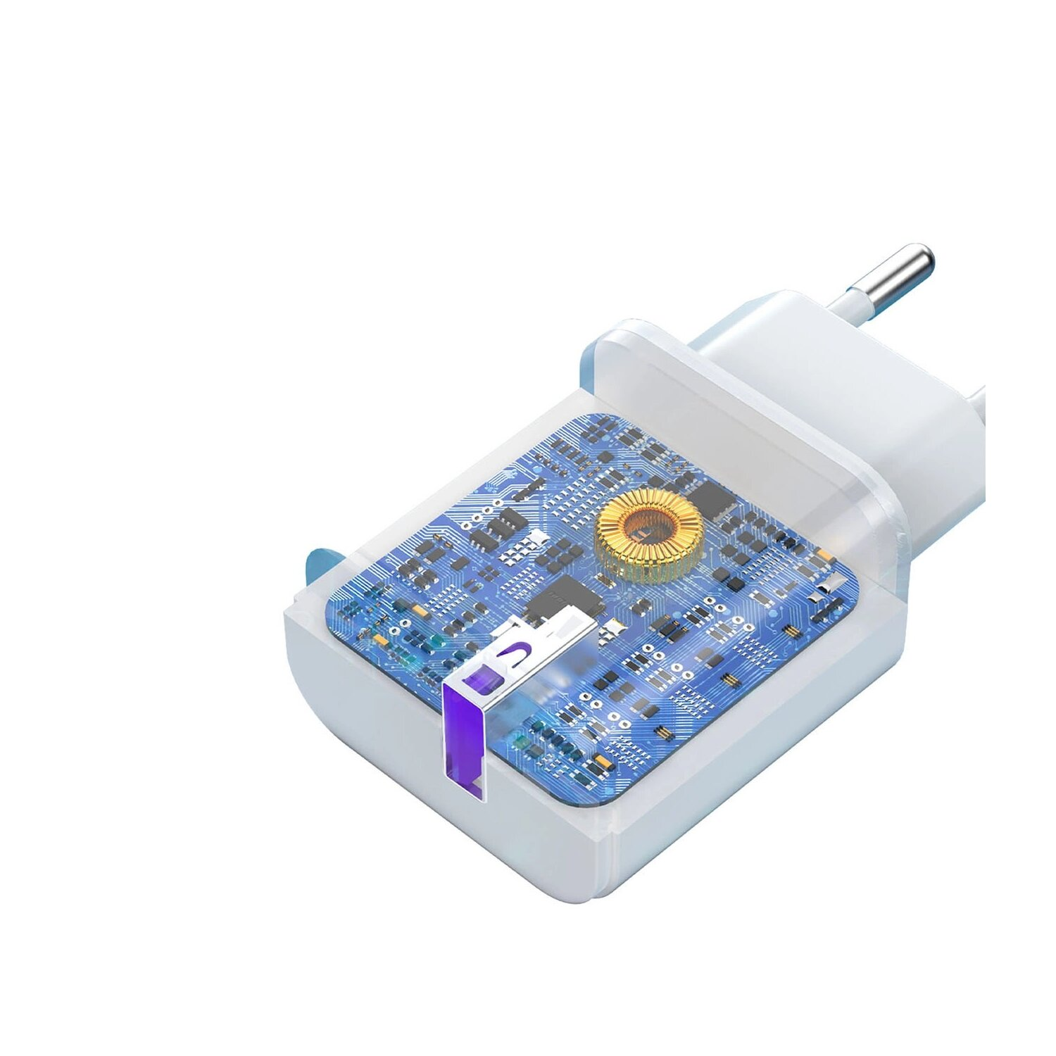 Biała ładowarka ścienna z przezroczystym fragmentem pokazującym elementy wewnętrzne.