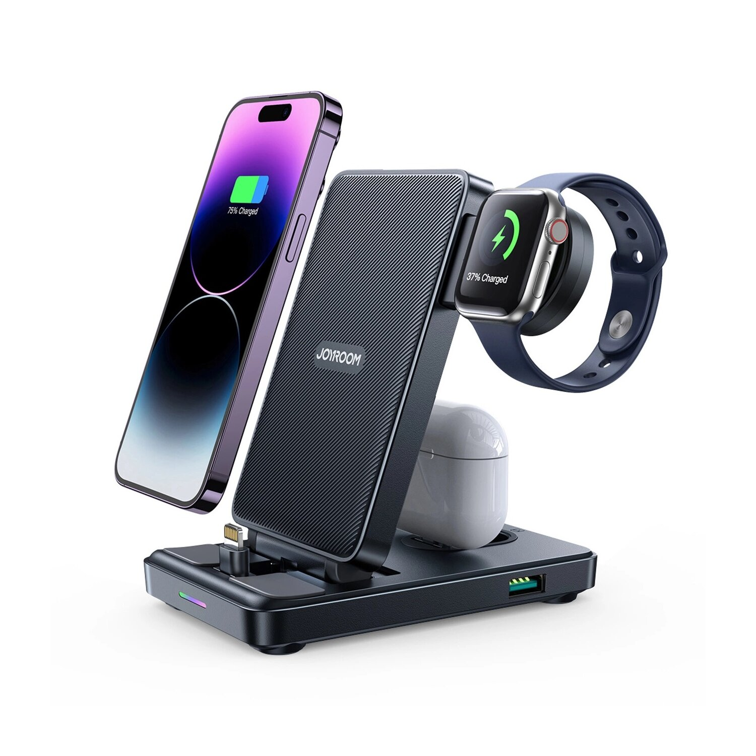 Bezprzewodowa stacja ładująca z telefonem, zegarkiem i słuchawkami. Telefon pokazuje 75% naładowania, a zegarek 97%.