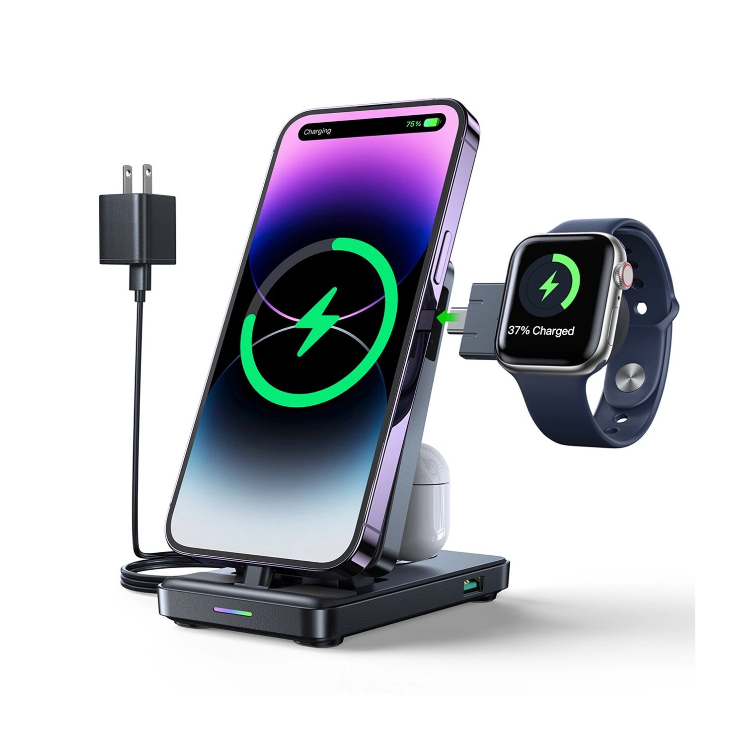 Stacja ładująca z telefonem, zegarkiem i słuchawkami w trakcie ładowania. Wyświetlane są ikony zielonej energii.