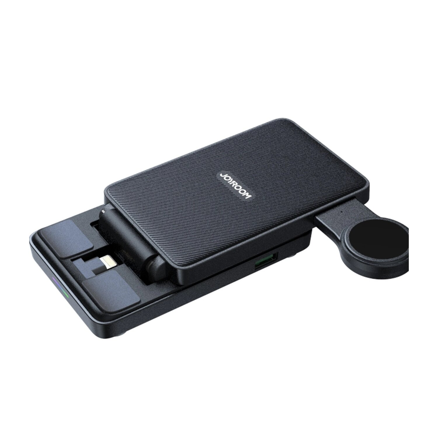 Czarna stacja ładująca Joyroom z ładowarką do zegarka, różnymi portami i składaną konstrukcją.