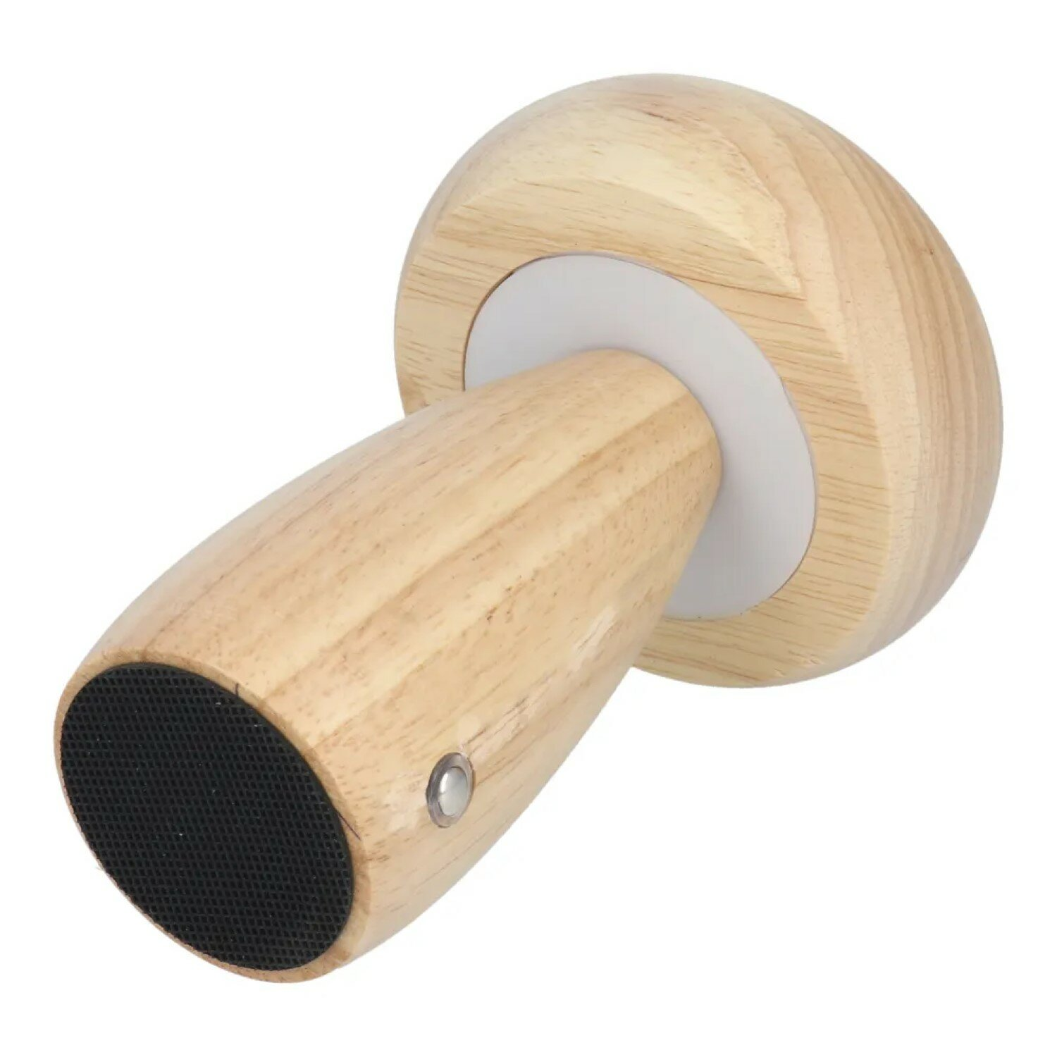 Holz-Lautsprecher in Pilzform. Hat einen schwarzen Mesh-Lautsprecher und einen silbernen Knopf.